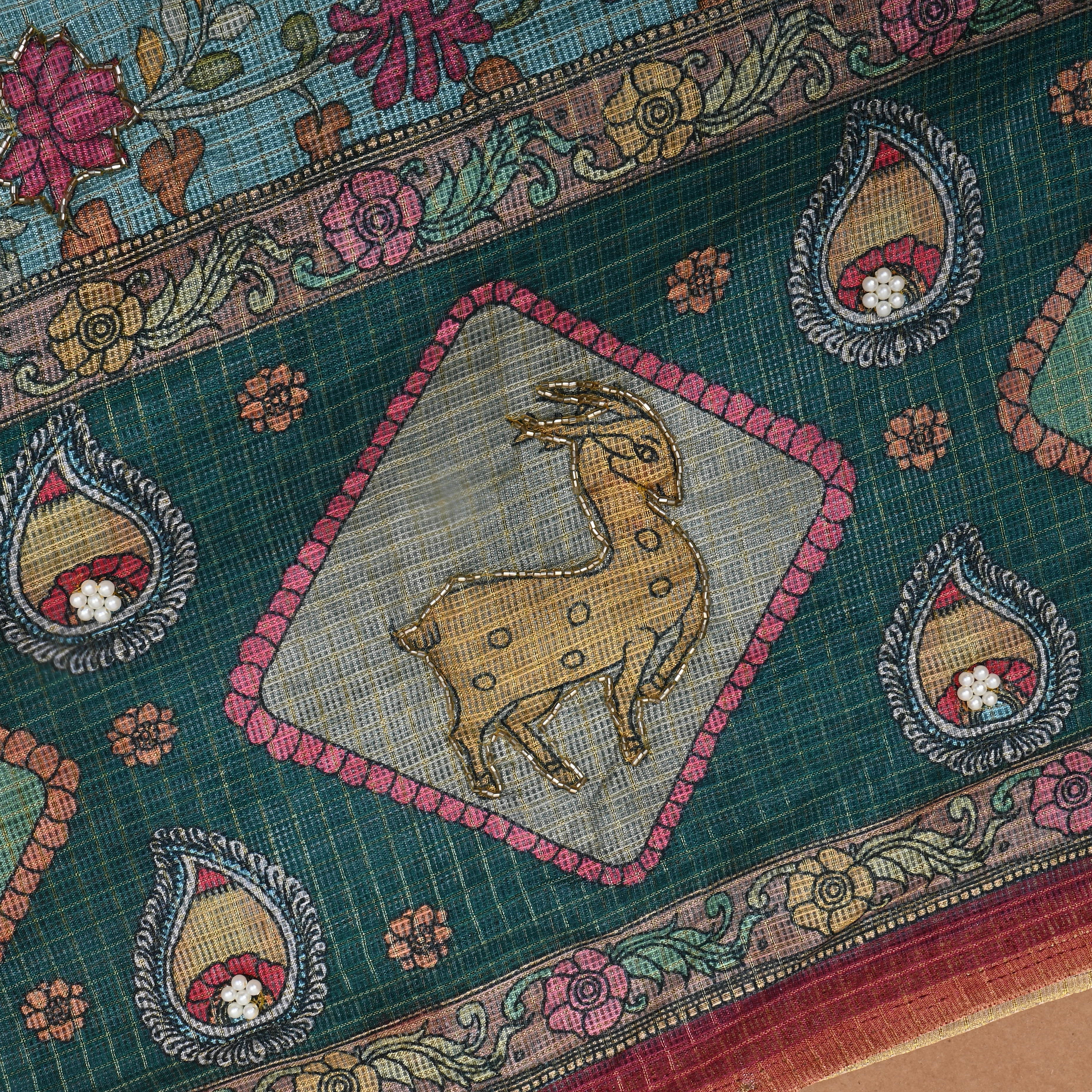 Turquoise Printed Kota Fabric