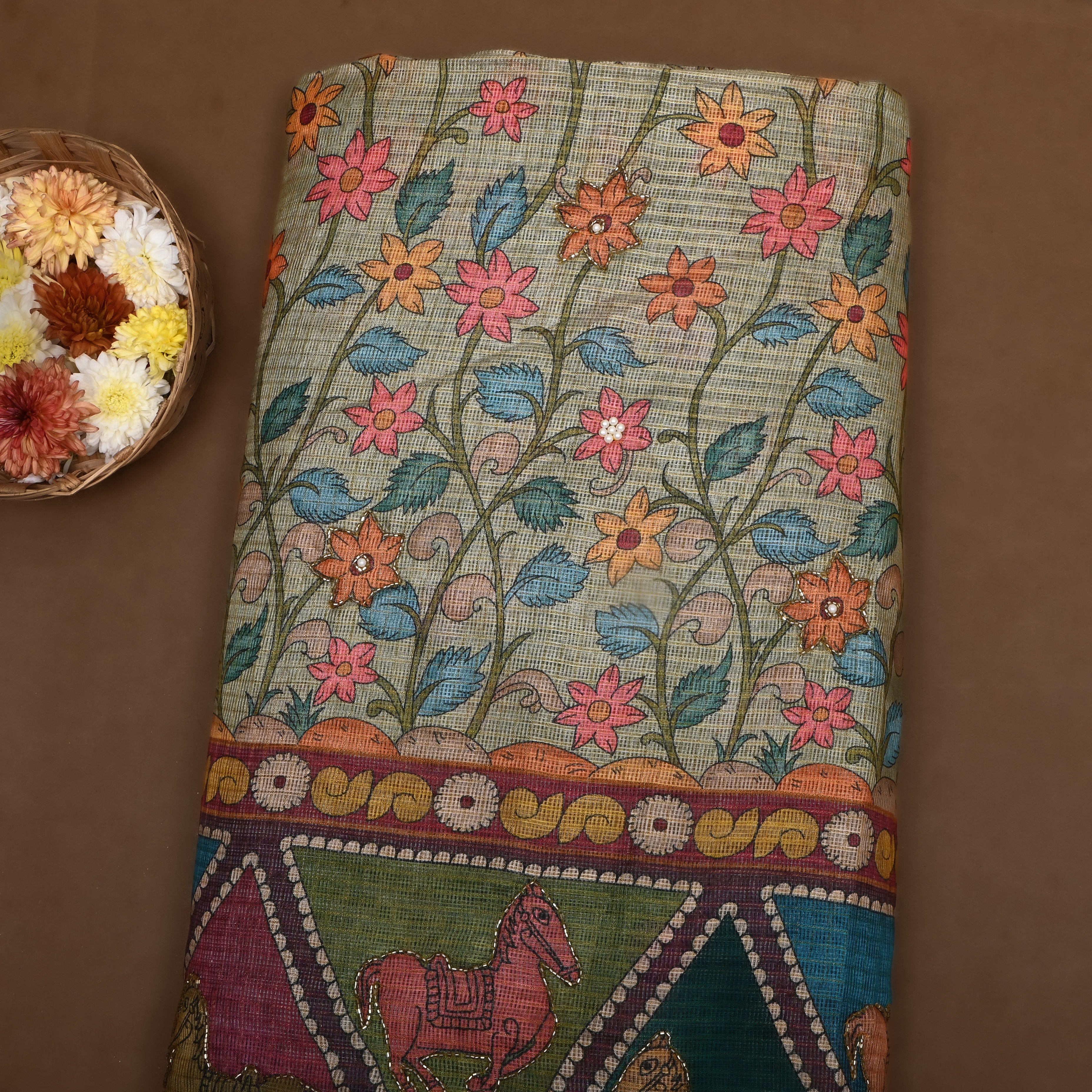 Light Beige Printed Kota Fabric