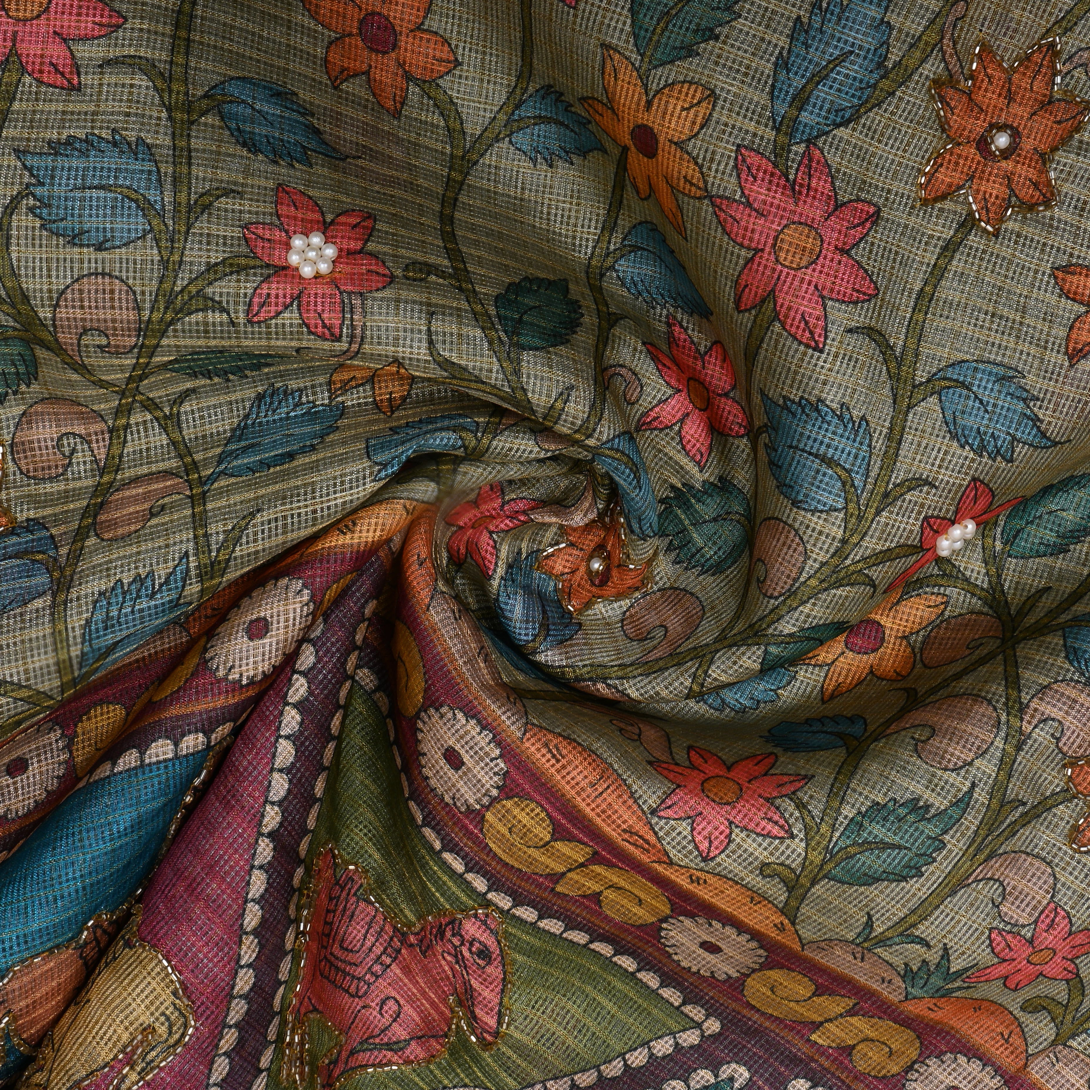 Light Beige Printed Kota Fabric