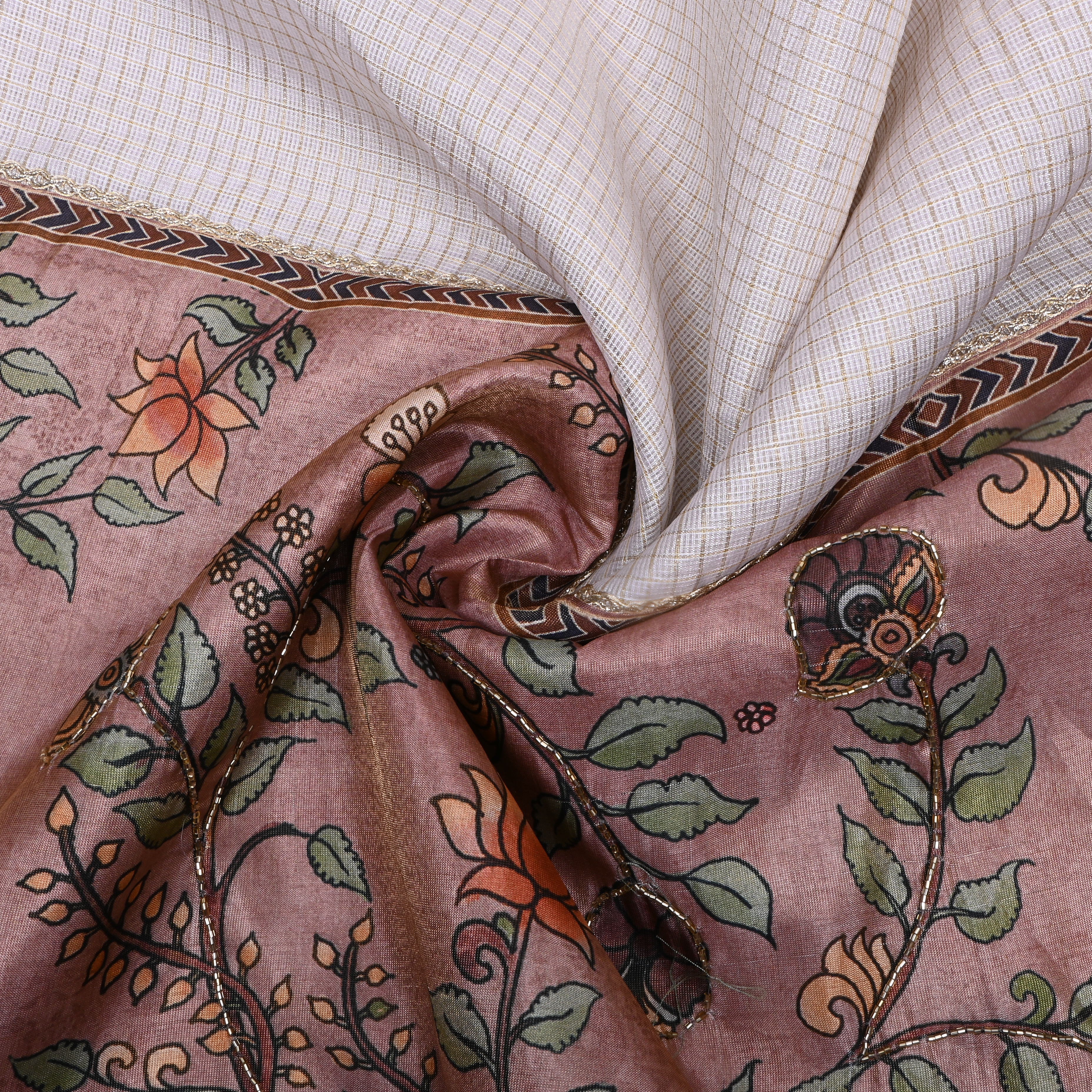 Off White Floral Printed Kota Fabric