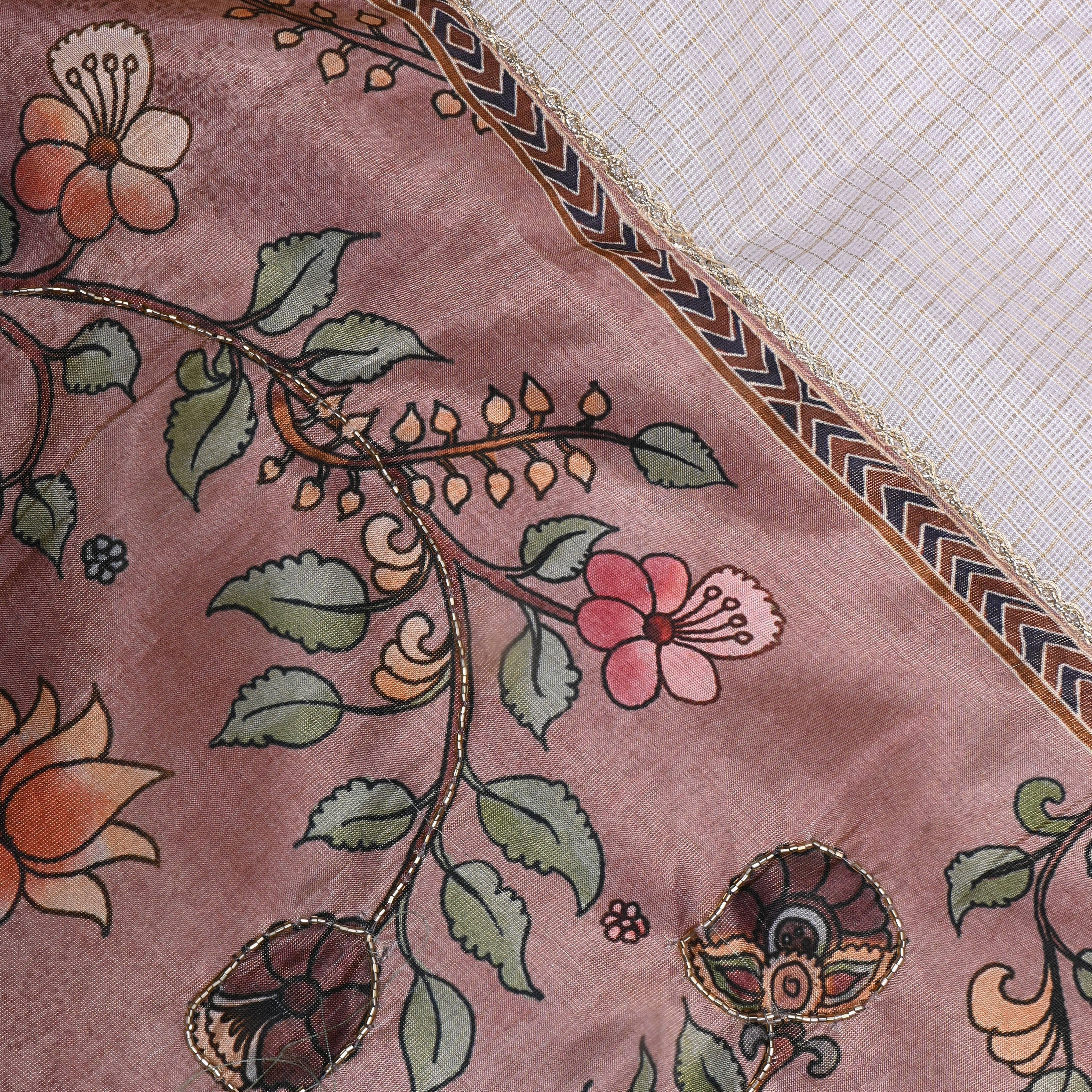 Off White Floral Printed Kota Fabric