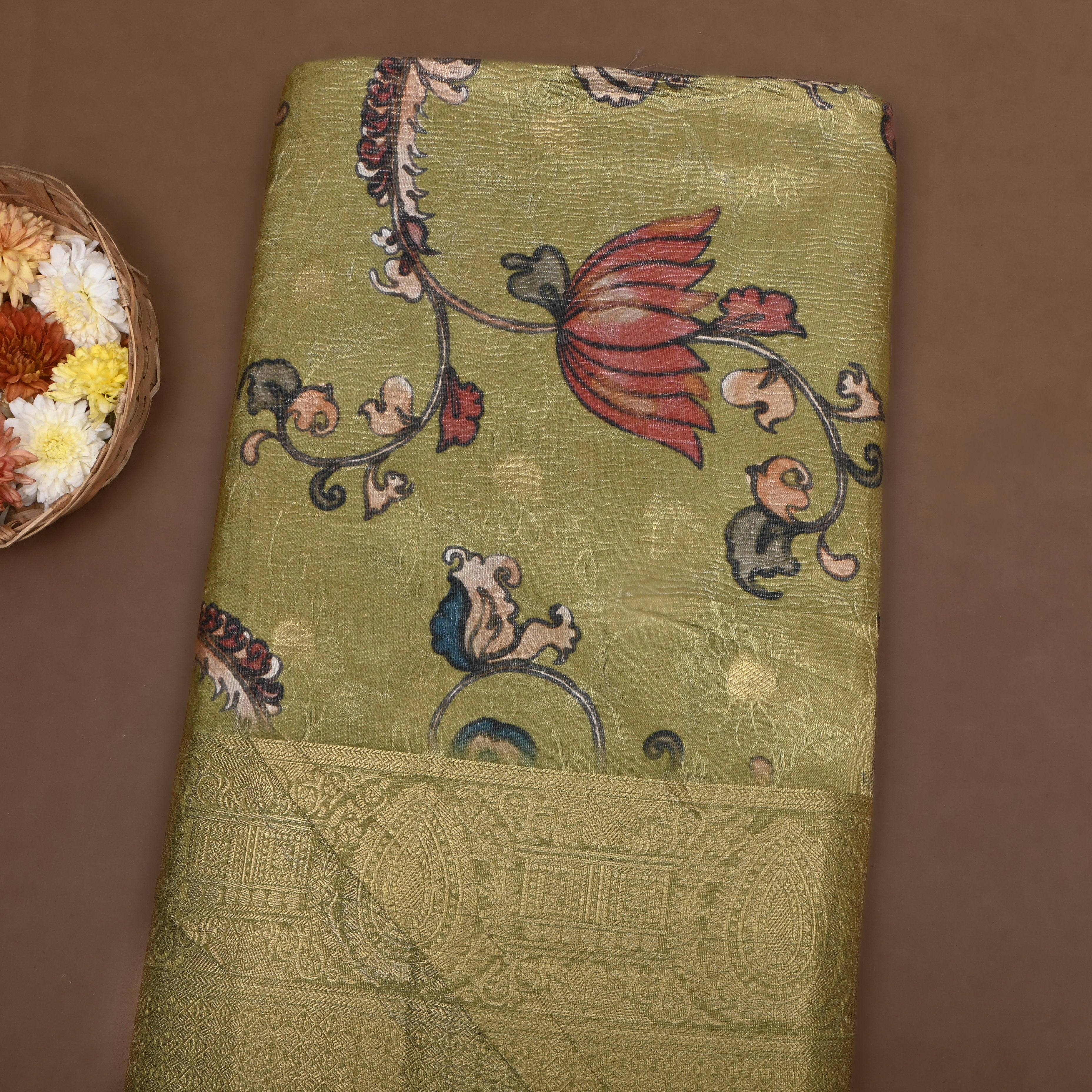 Golden Green Floral Printed Organza Fabric