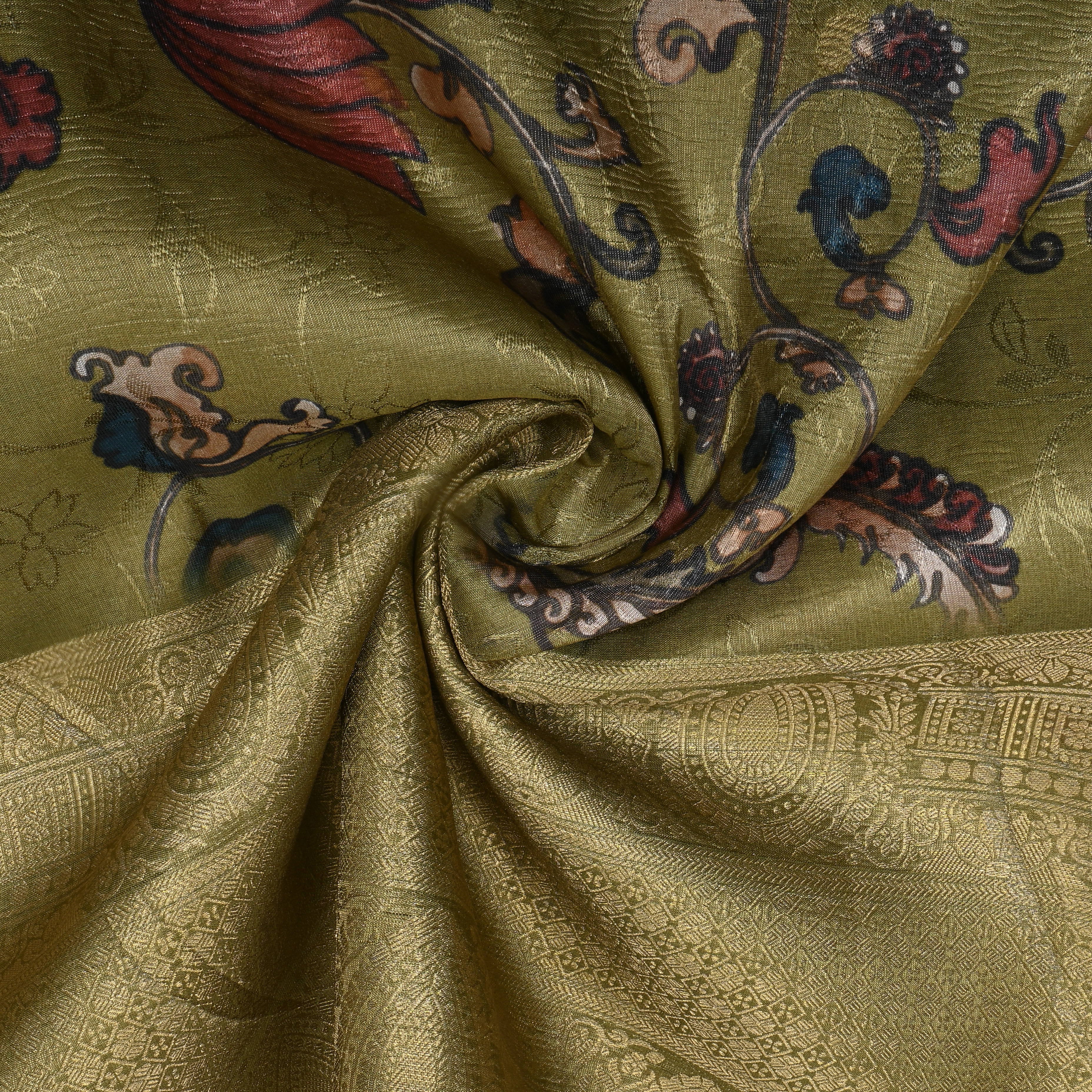 Golden Green Floral Printed Organza Fabric