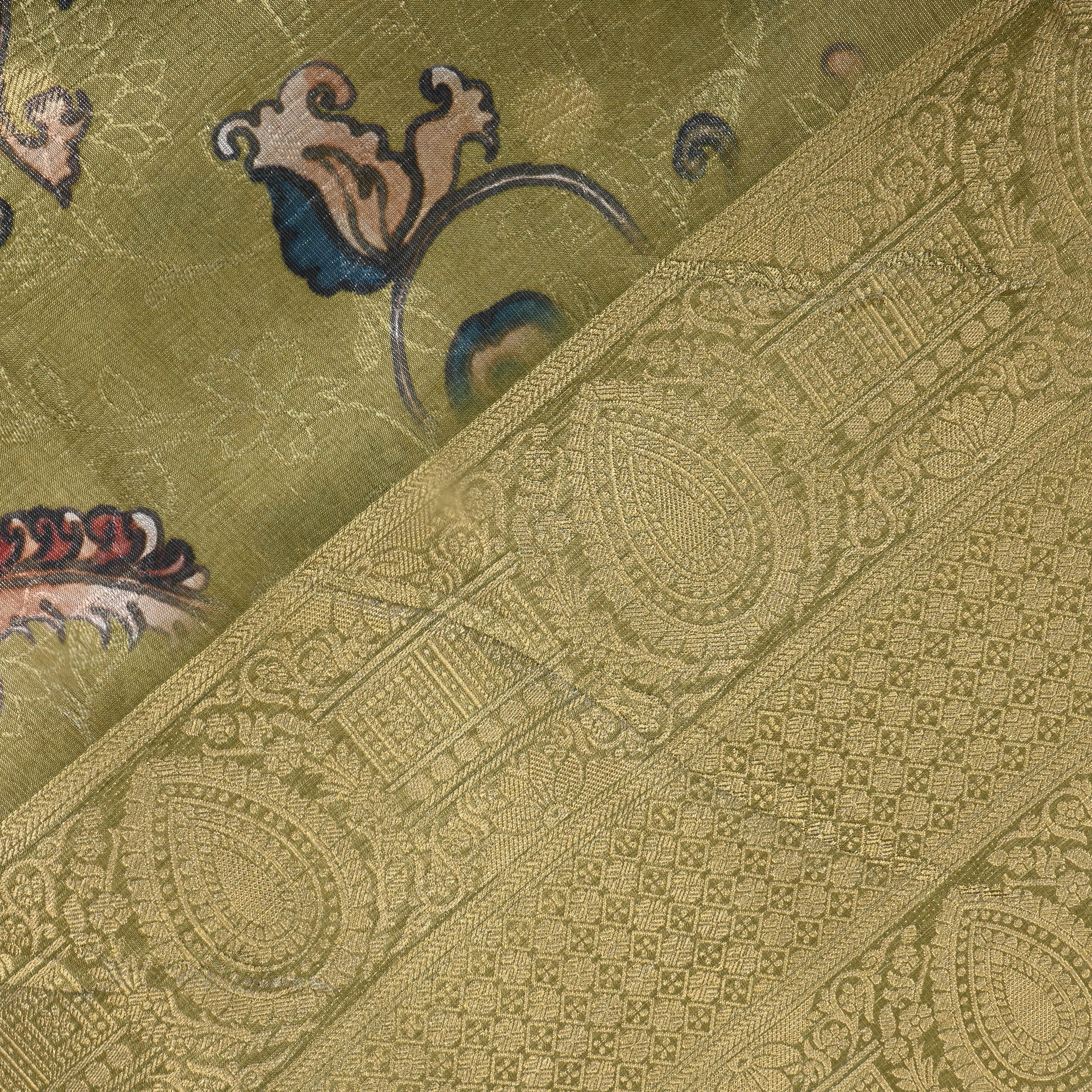 Golden Green Floral Printed Organza Fabric