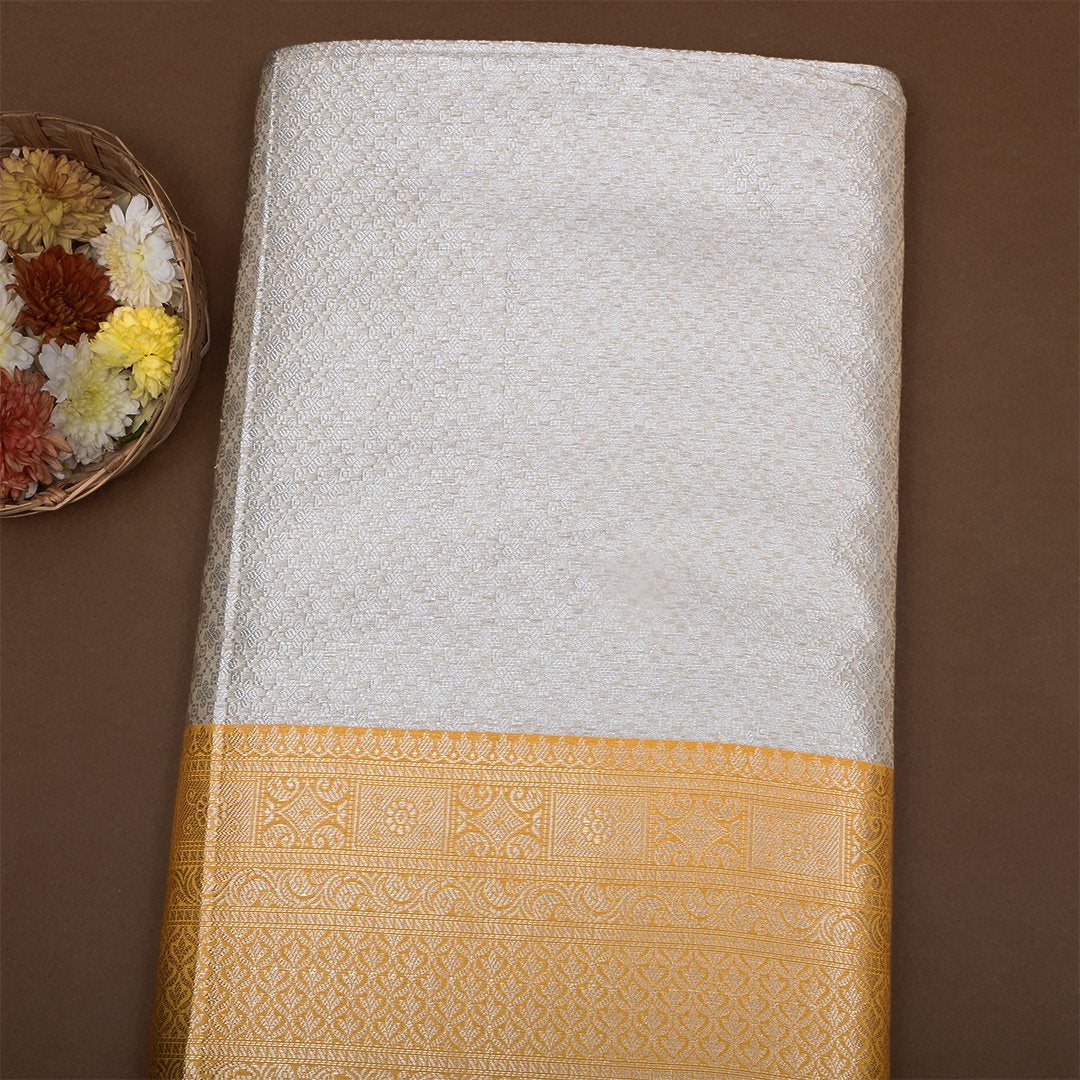 Pearl White Zari Weave Jamawar Silk Fabric