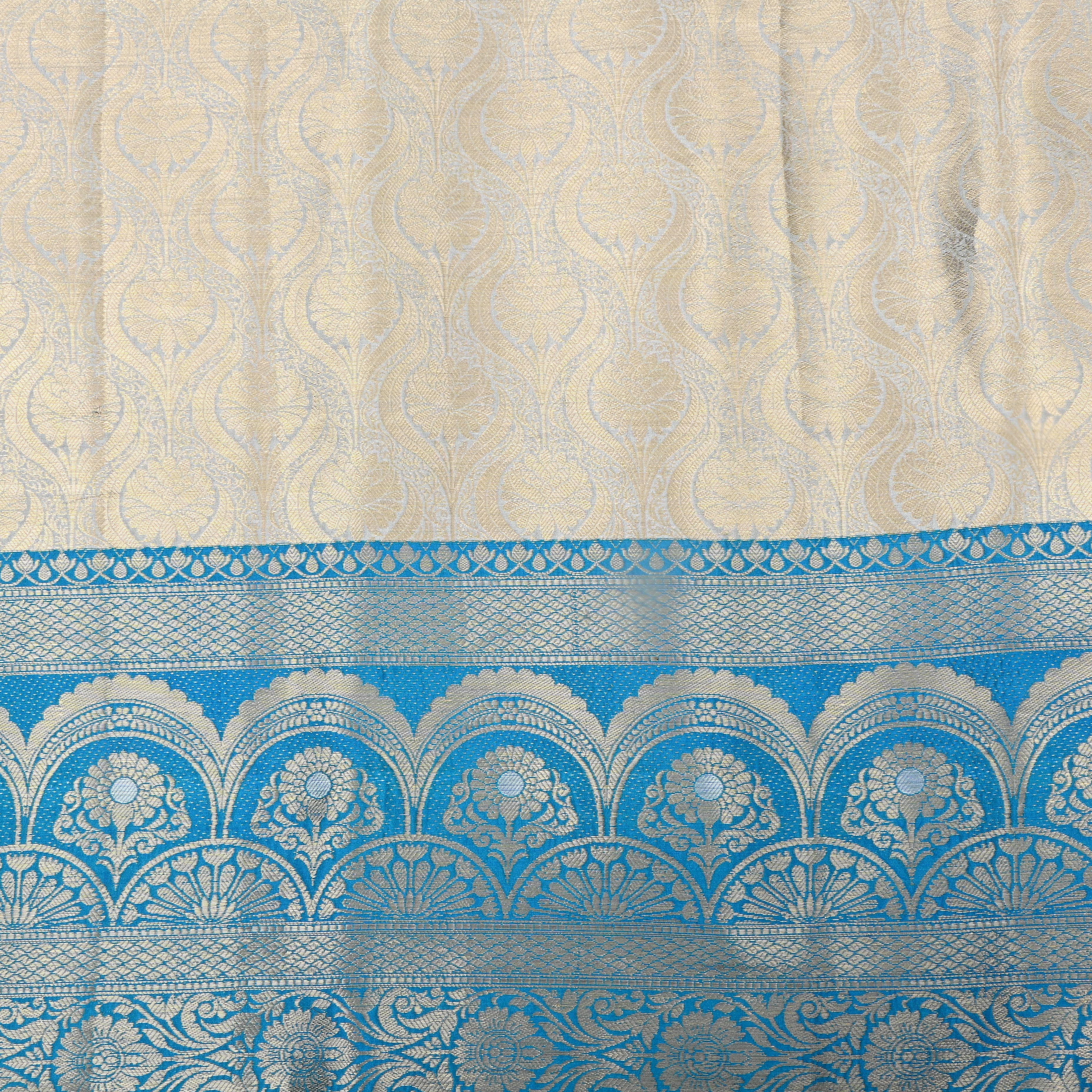 Coral White Zari Weave Jamawar Silk Fabric