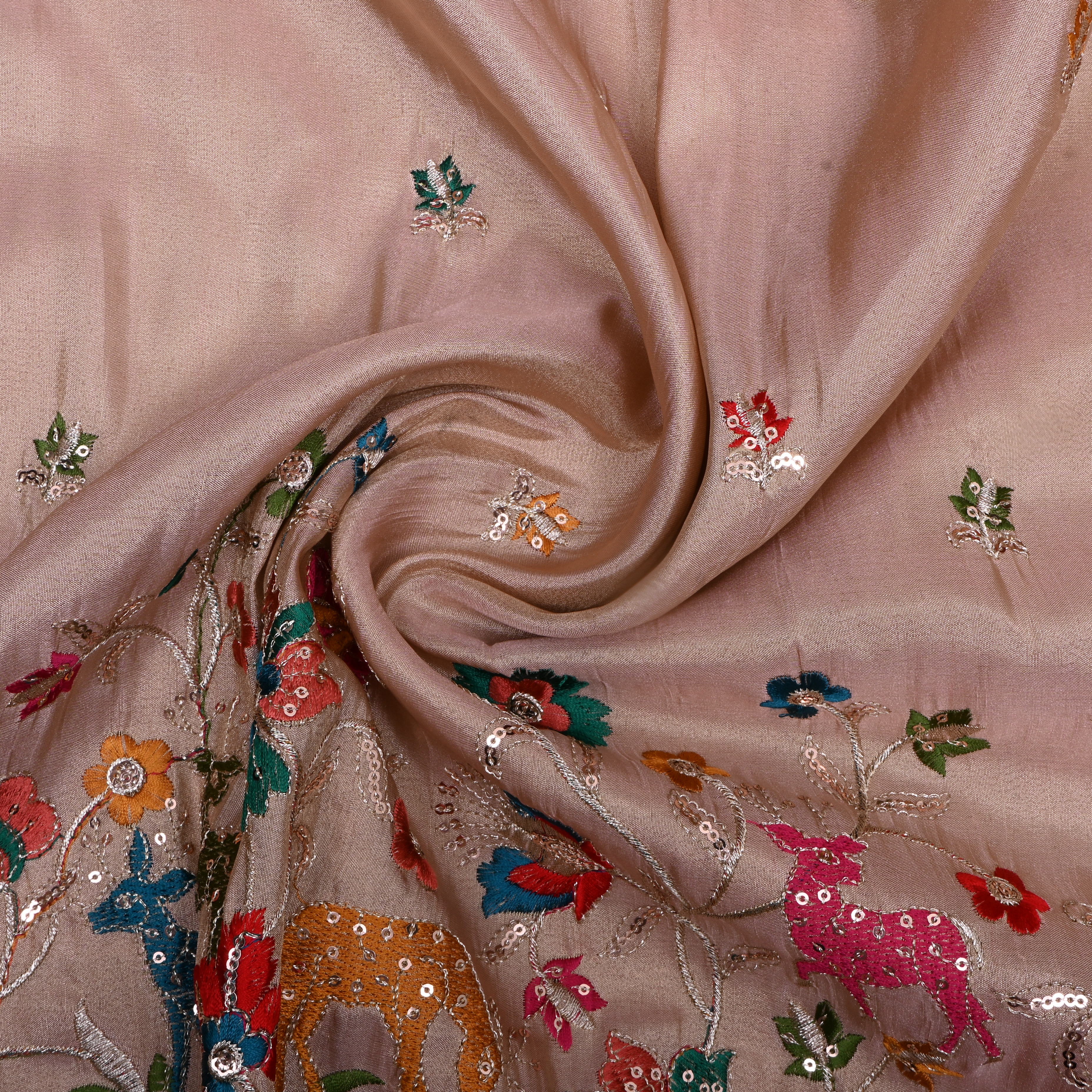 Light Antique Brown Thread Embroidered Tissue Fabric