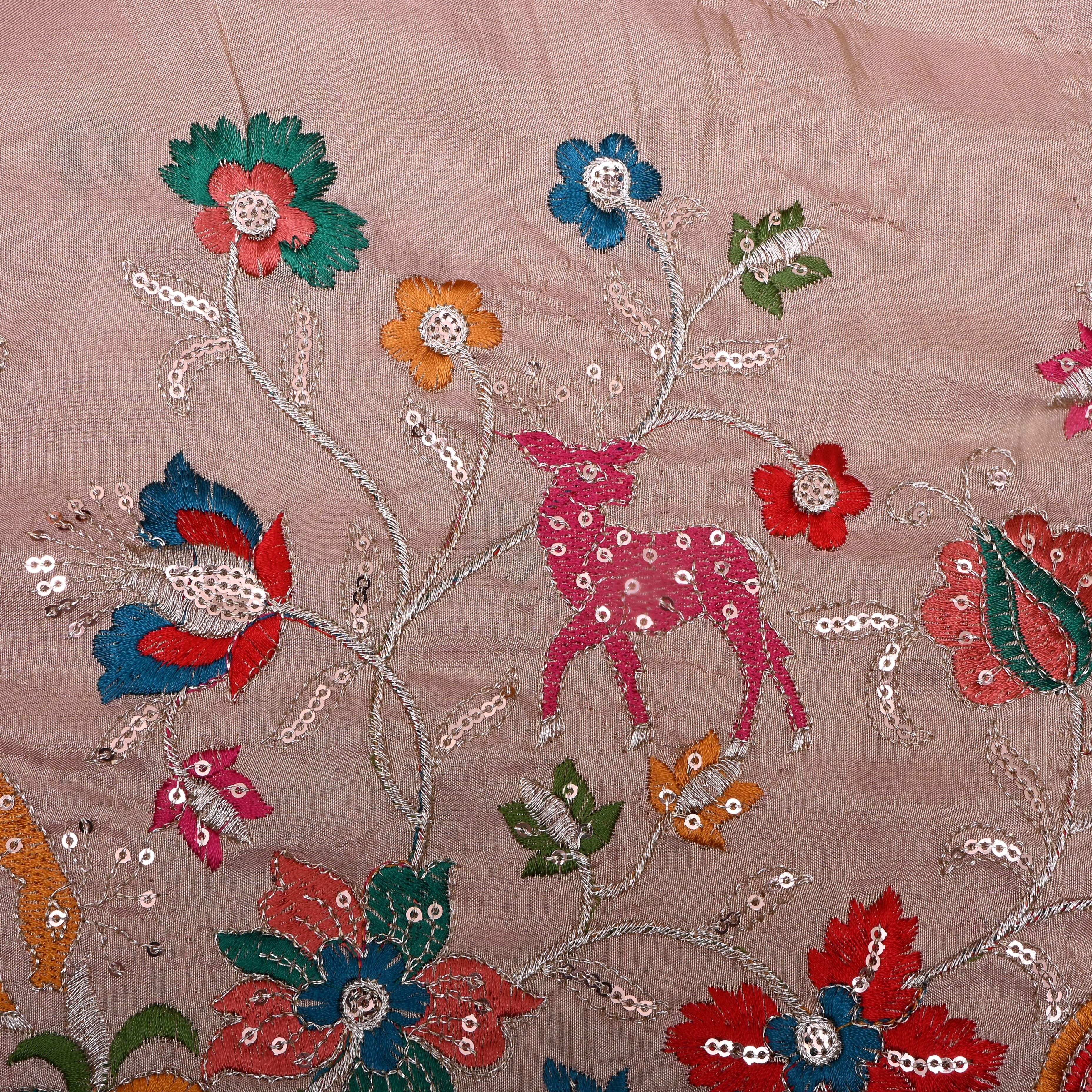 Light Antique Brown Thread Embroidered Tissue Fabric