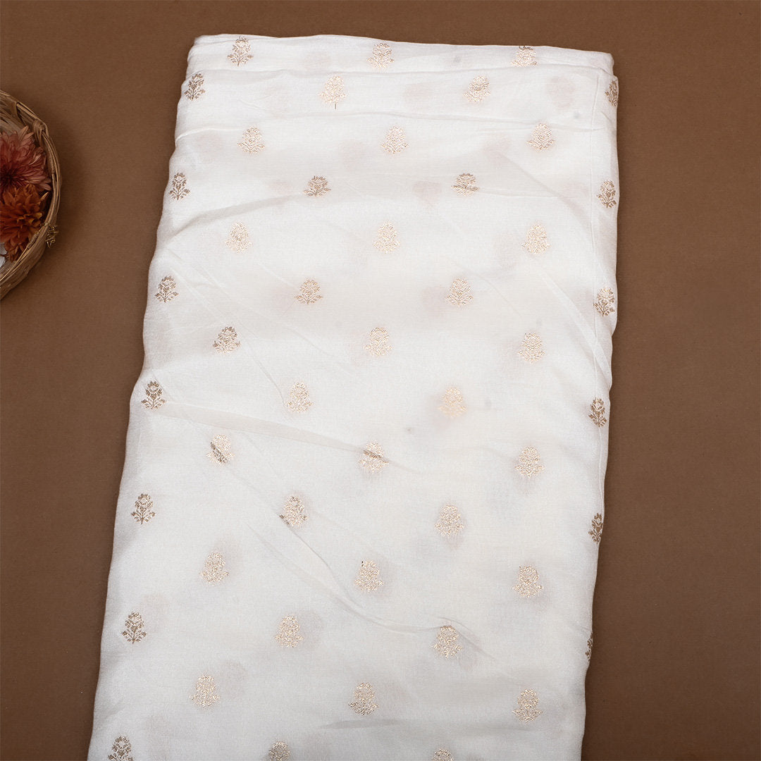 Pearl White Zari Woven Silk Fabric