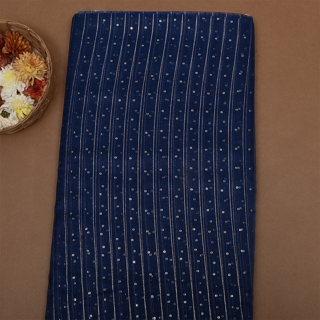 Navy Blue Zari Embroidered Organza Fabric