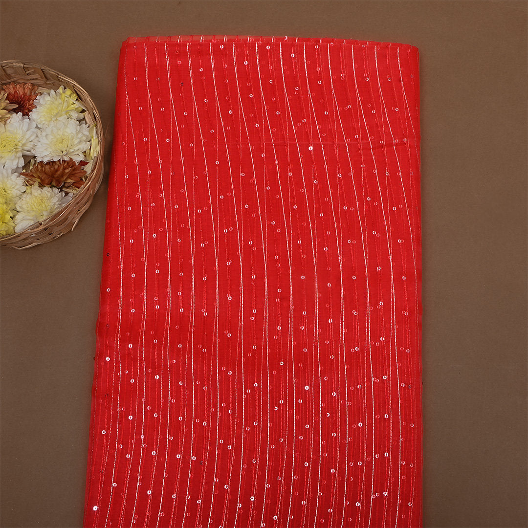 Cola Red Zari Embroidered Organza Fabric
