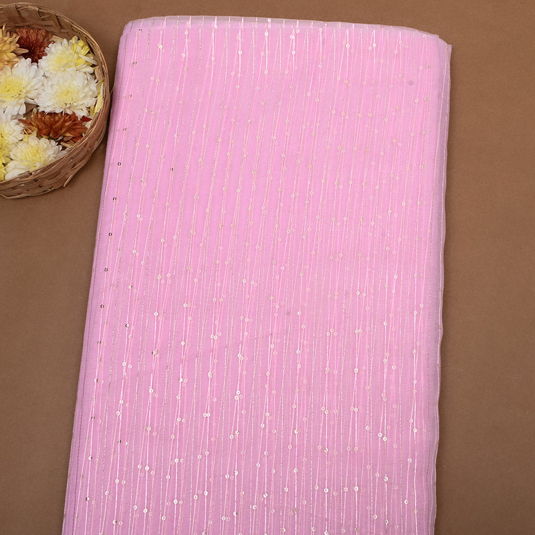 Candy Pink Zari Embroidered Organza Fabric