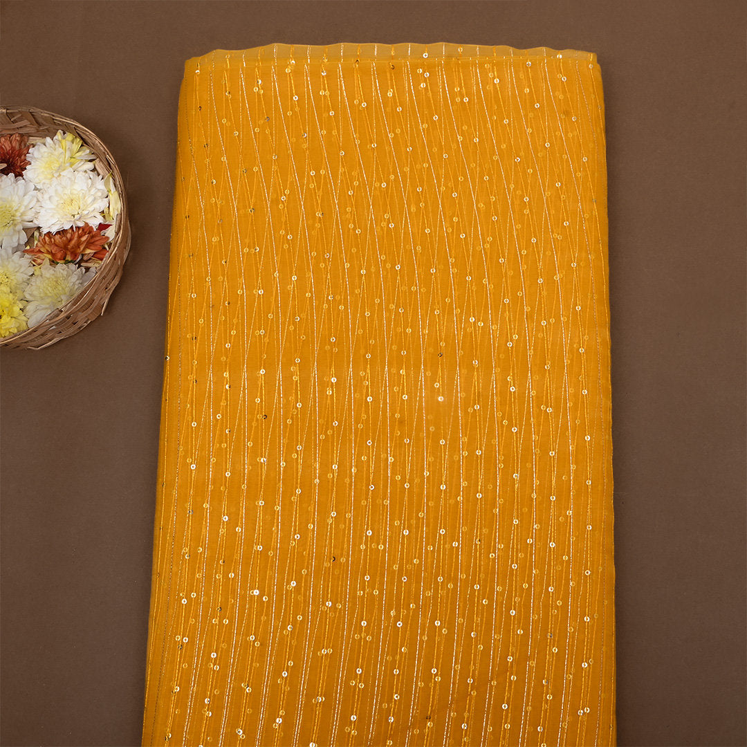 Sprint Yellow Zari Embroidered Organza Fabric