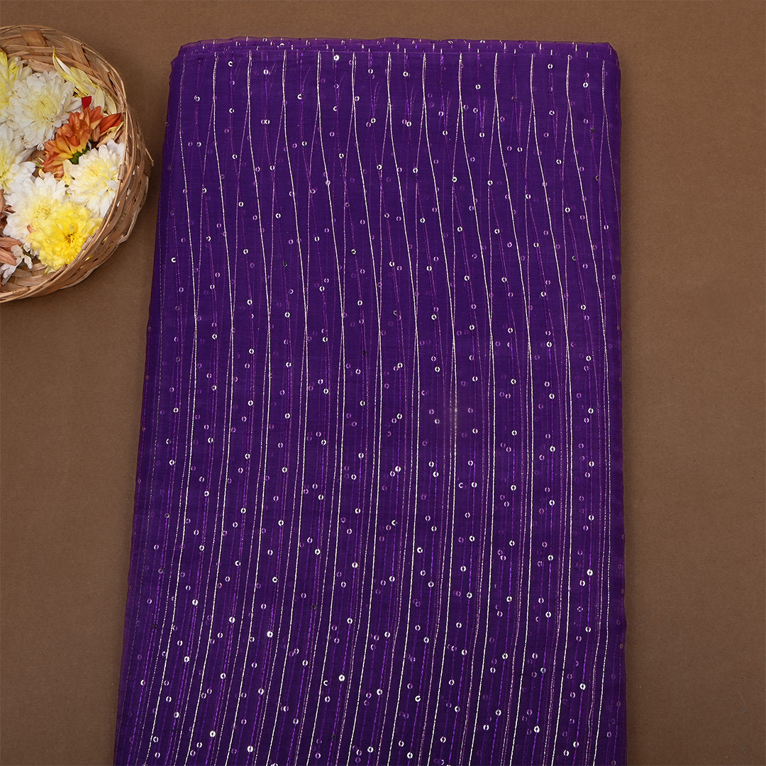 Pencil Purple Zari Embroidered Organza Fabric