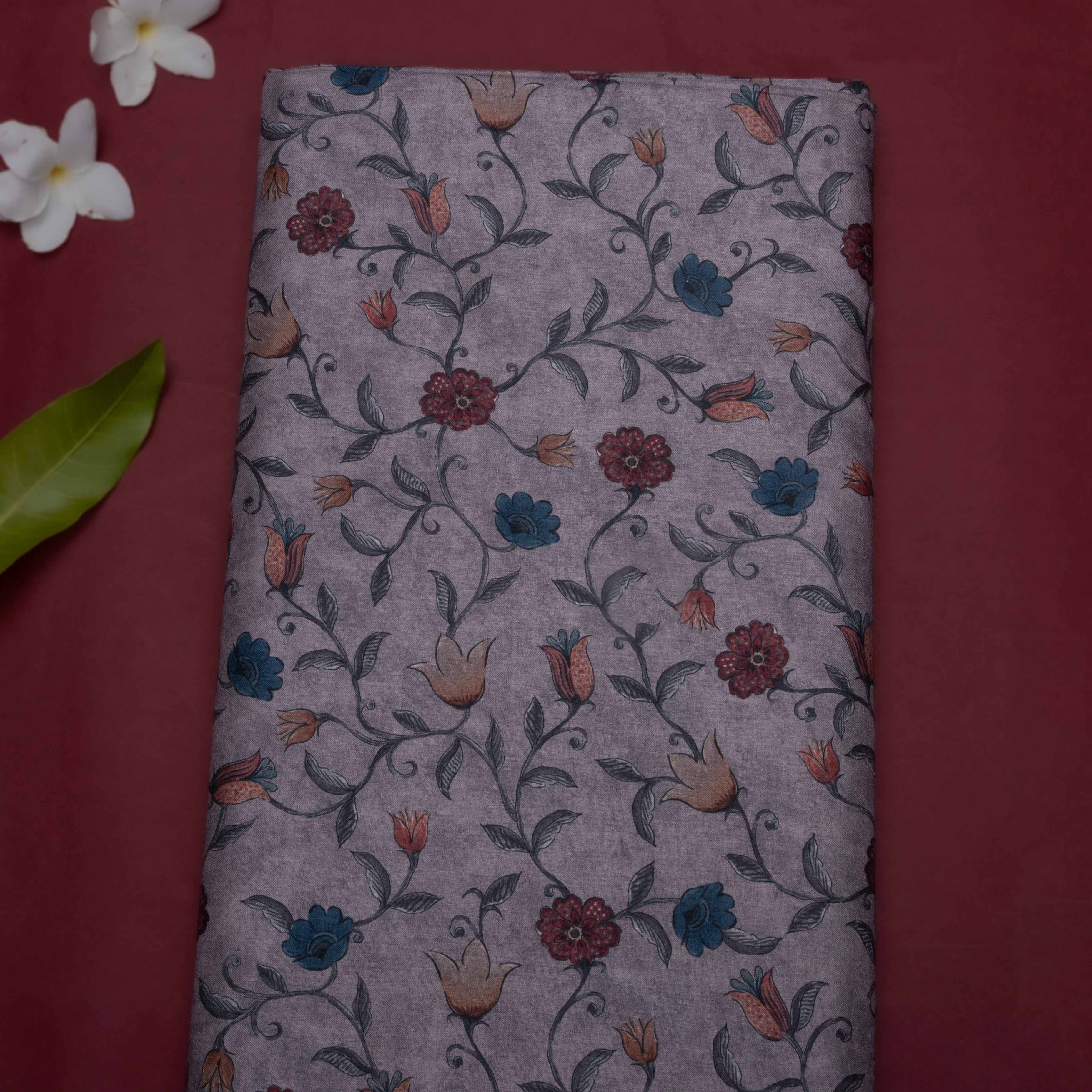 Grey Floral Printed Tussar Fabric