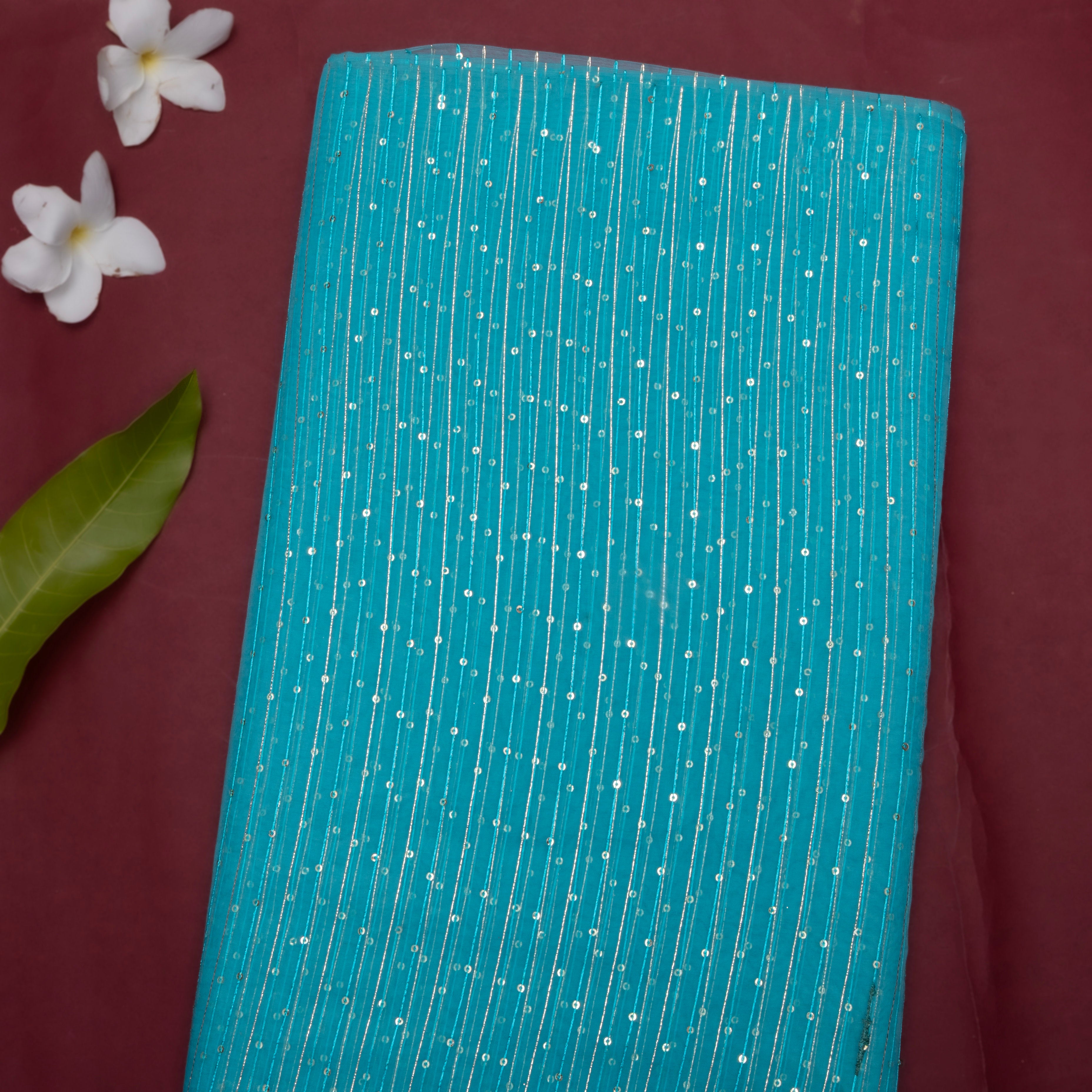 Sky Blue Embroidered Organza Fabric