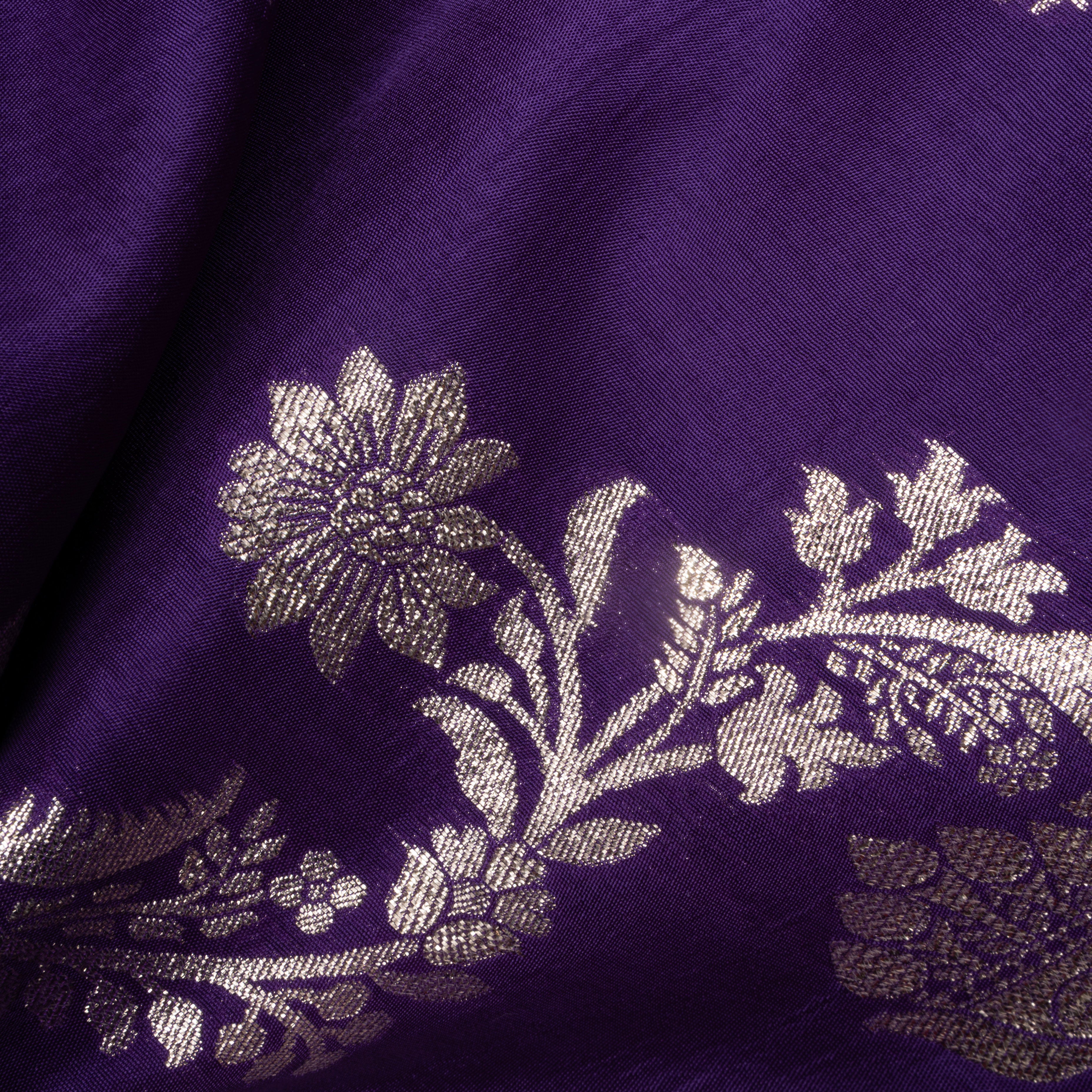 Purple Floral Zari Woven Jamawar Silk Fabric