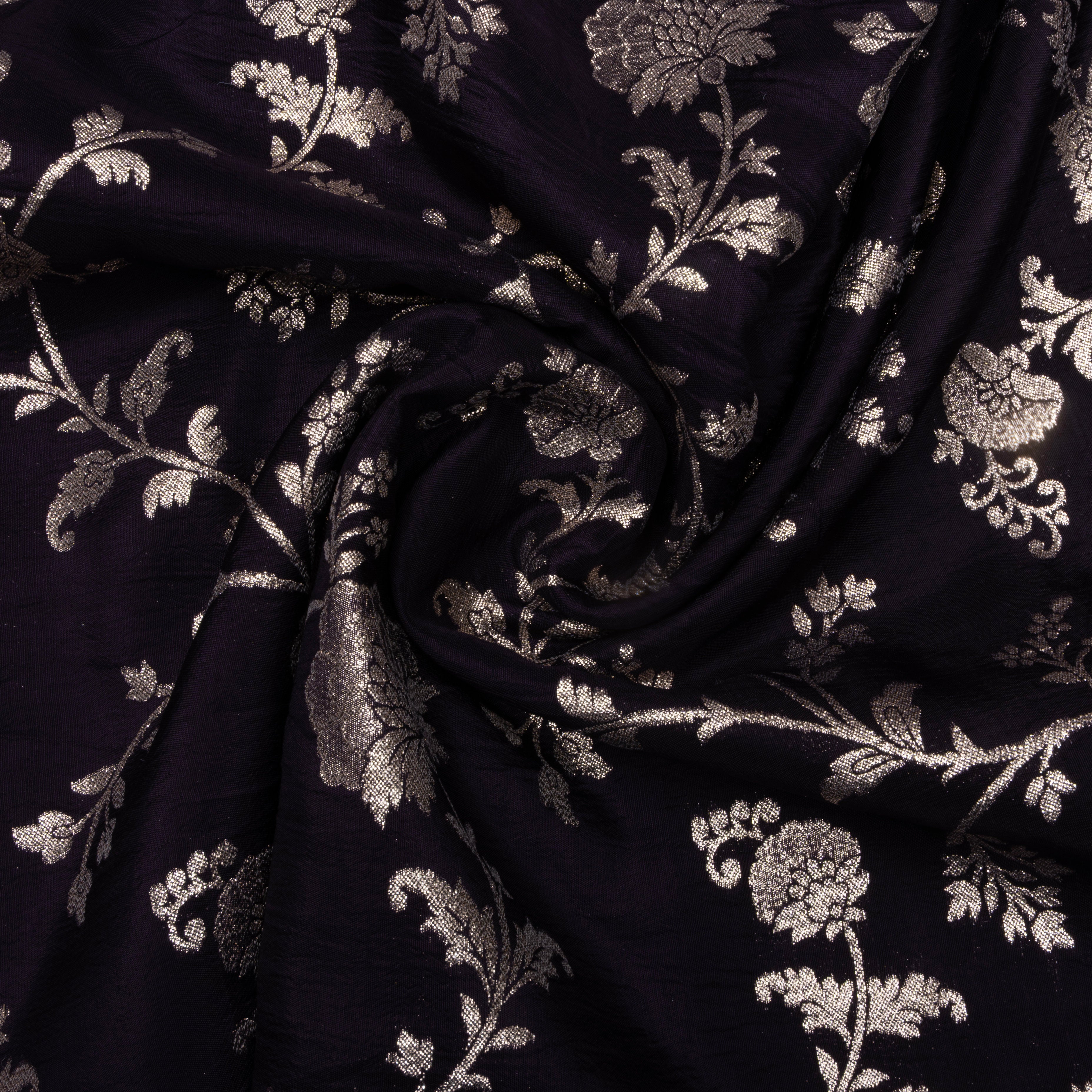 Dark Purple Floral Jamawar Silk Fabric