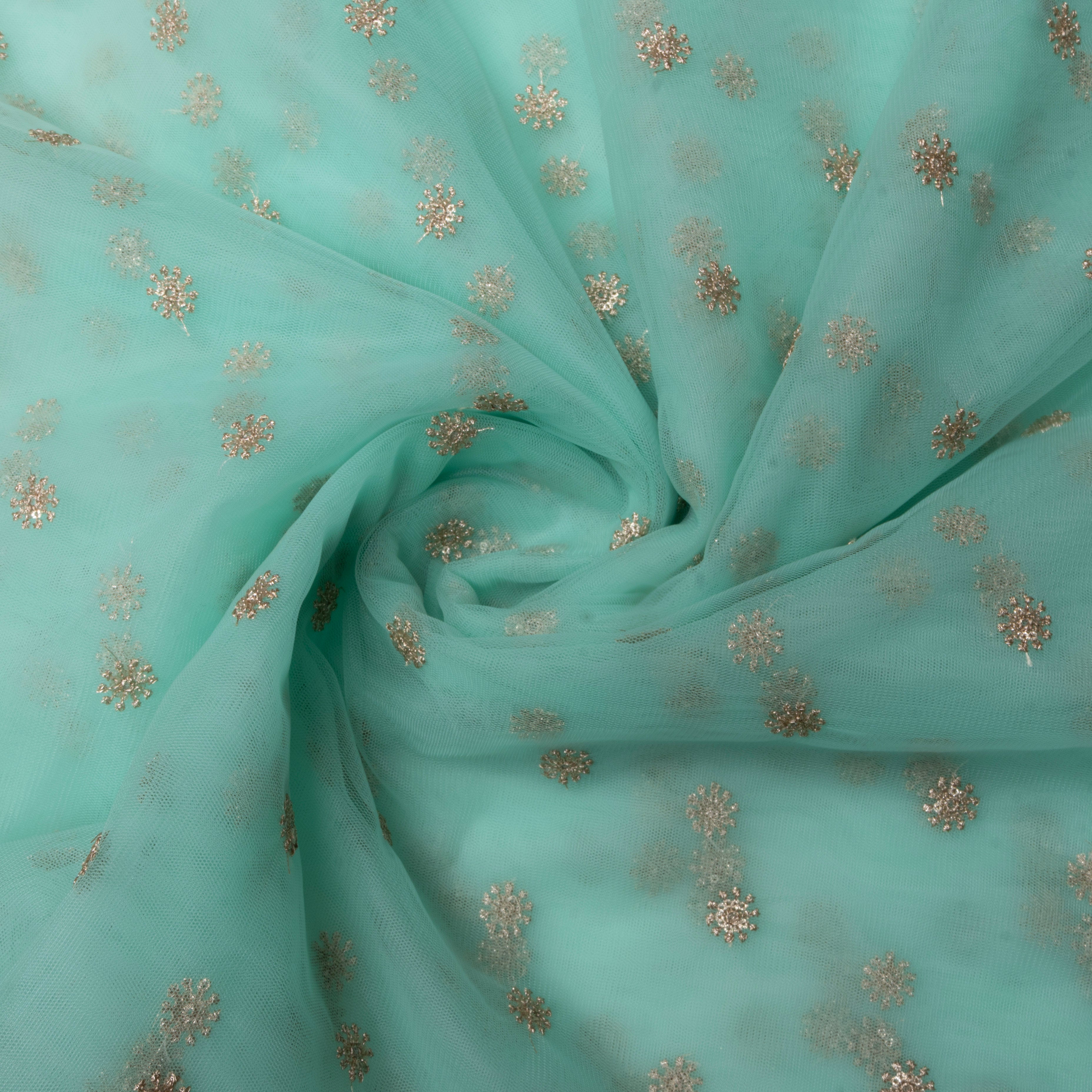 Cyan Blue Floral Embroidered Net Fabric