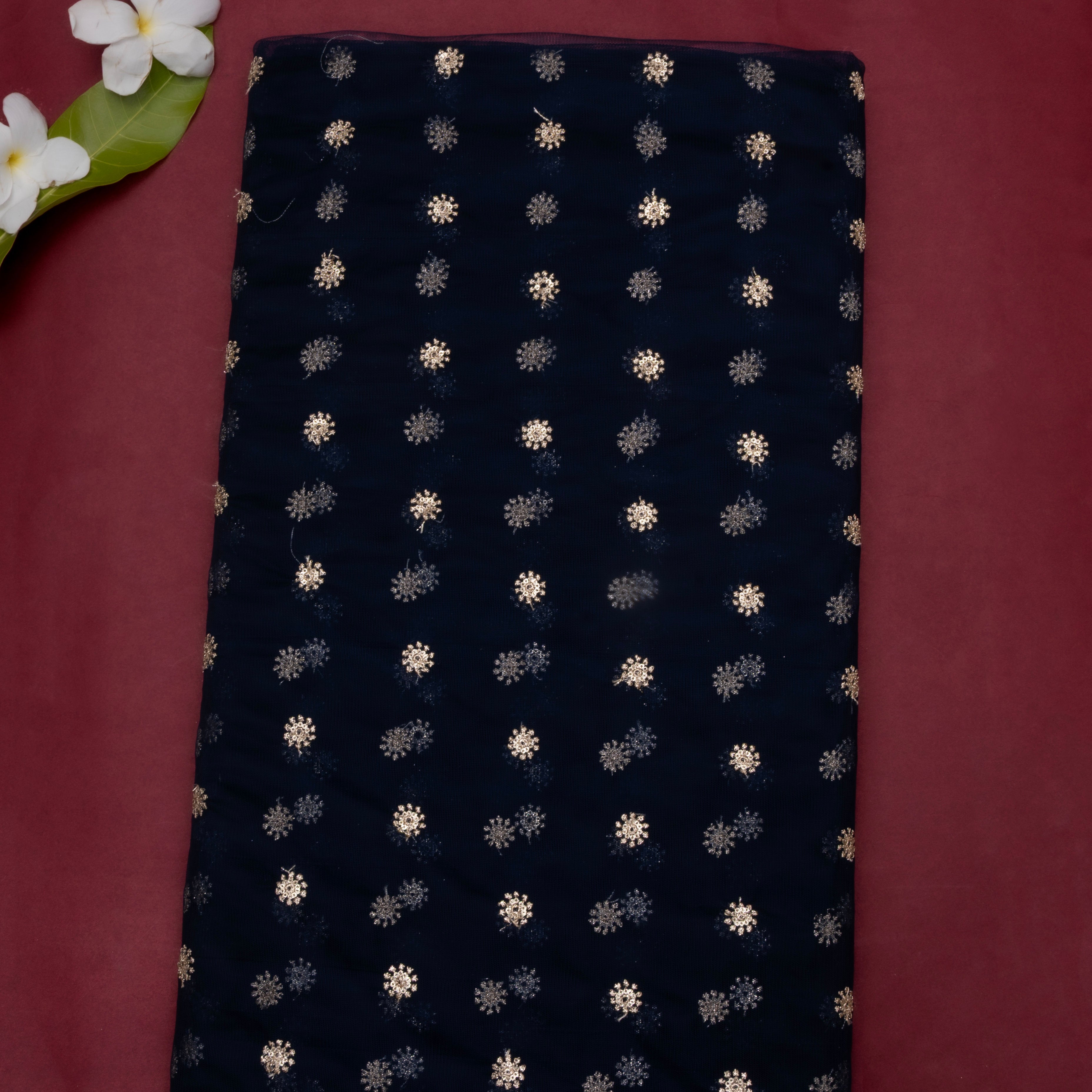 Navy Blue Floral Embroidered Net Fabric