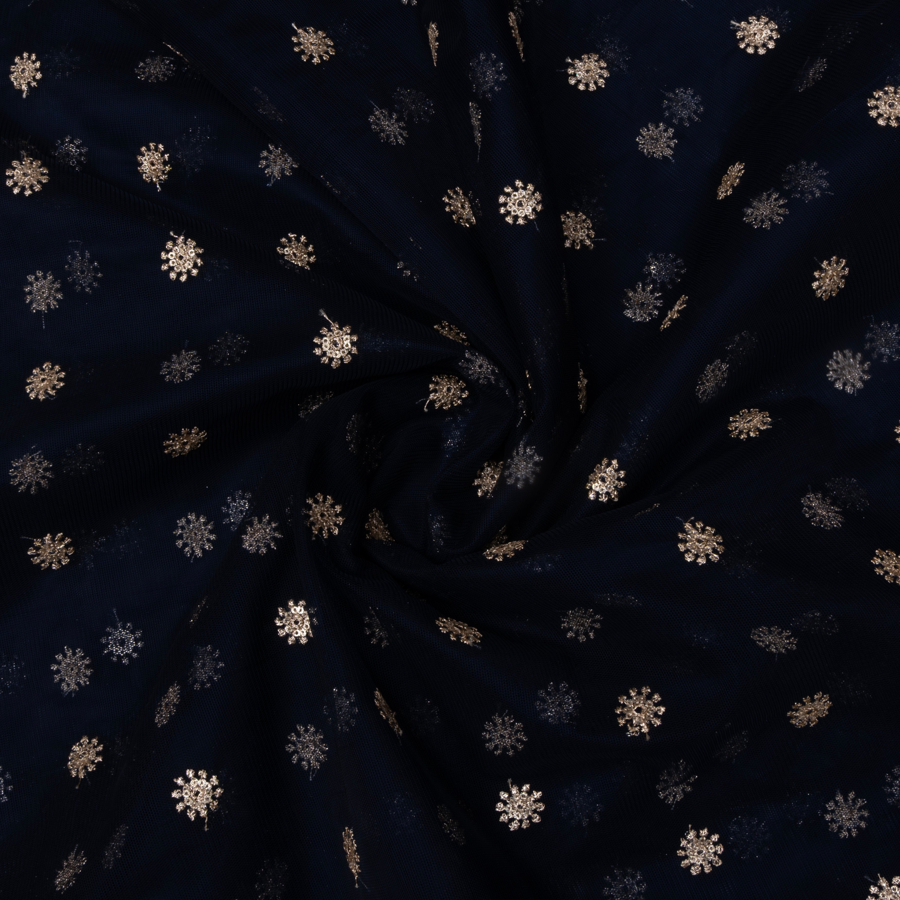 Navy Blue Floral Embroidered Net Fabric