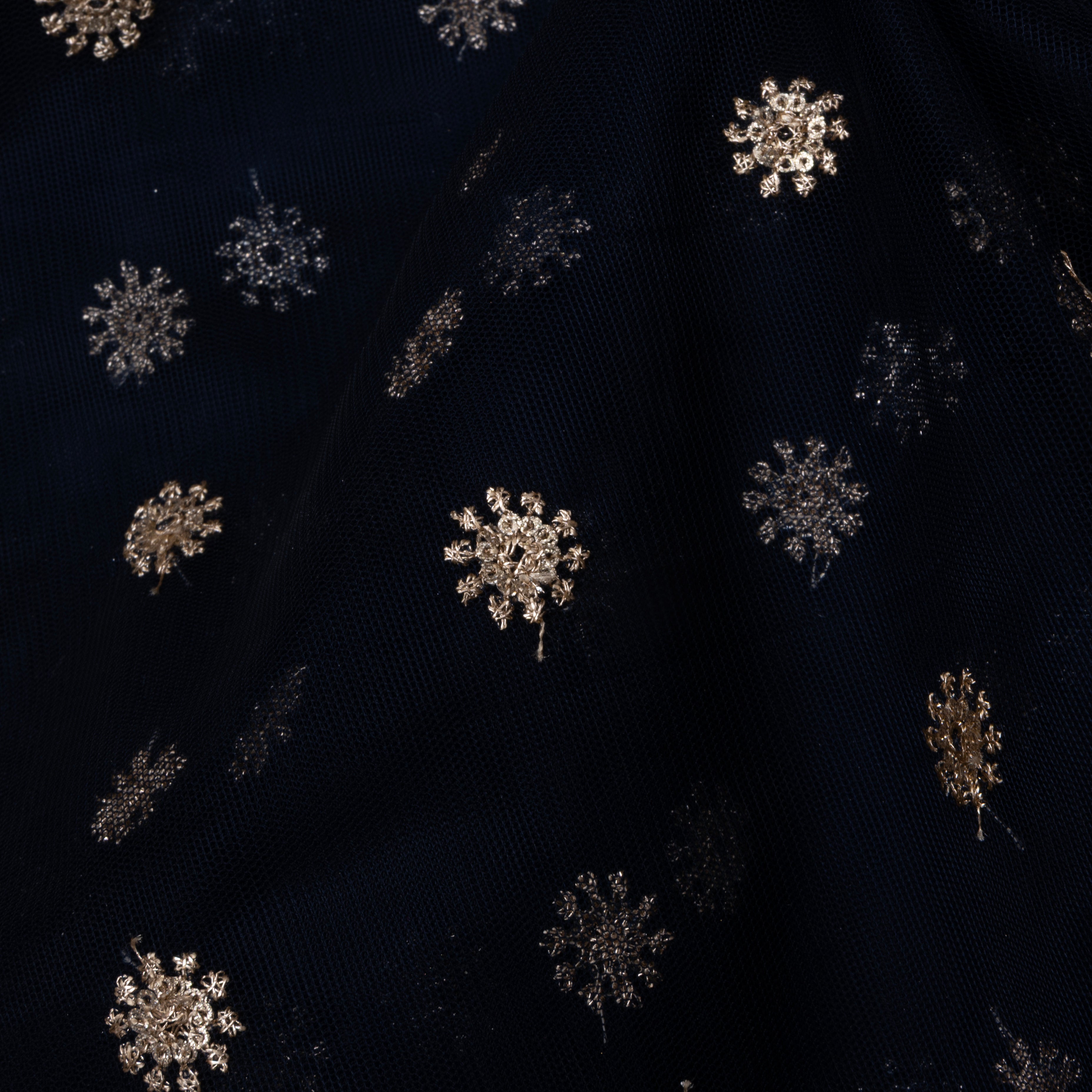 Navy Blue Floral Embroidered Net Fabric