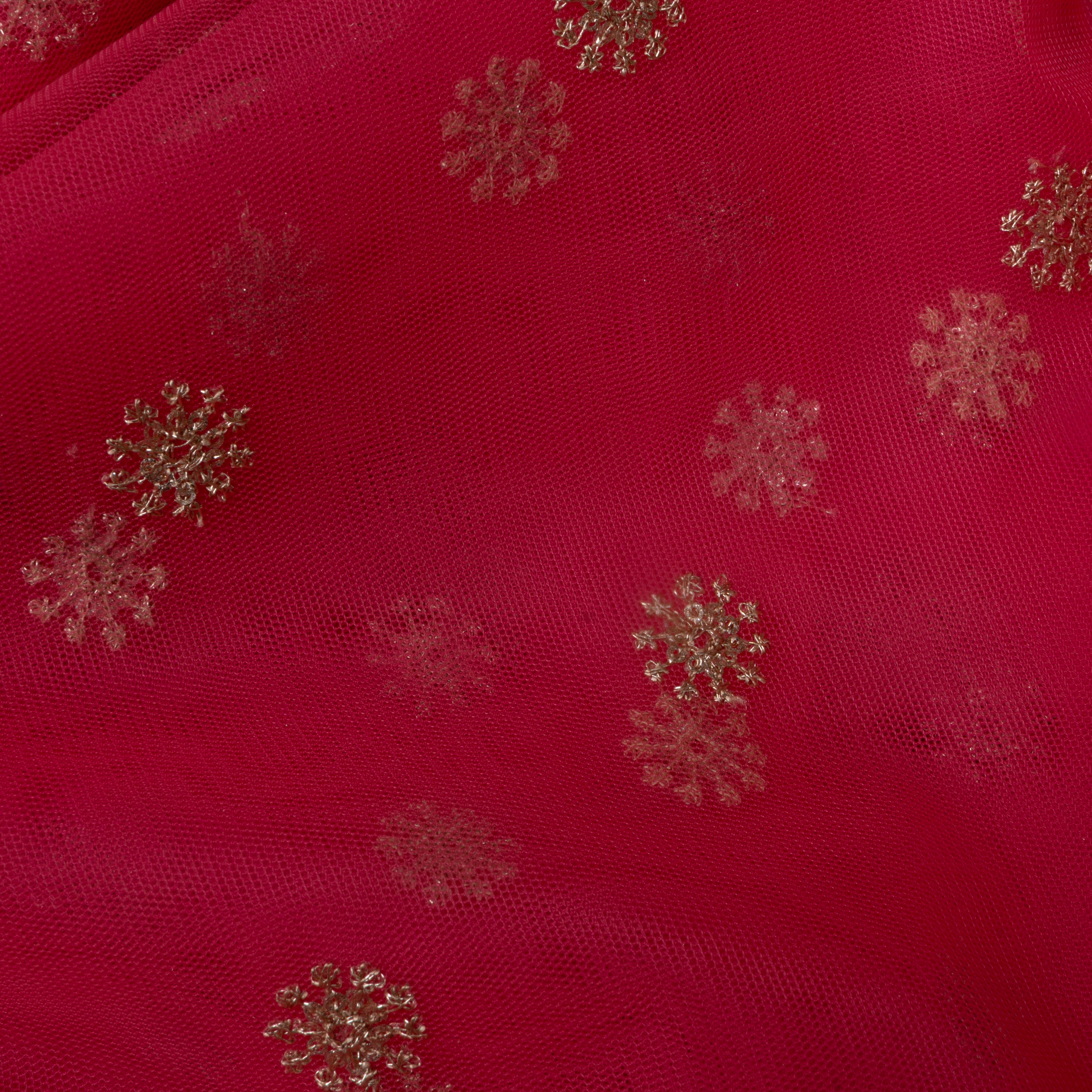 Bright Pink Floral Embroidered Net Fabric