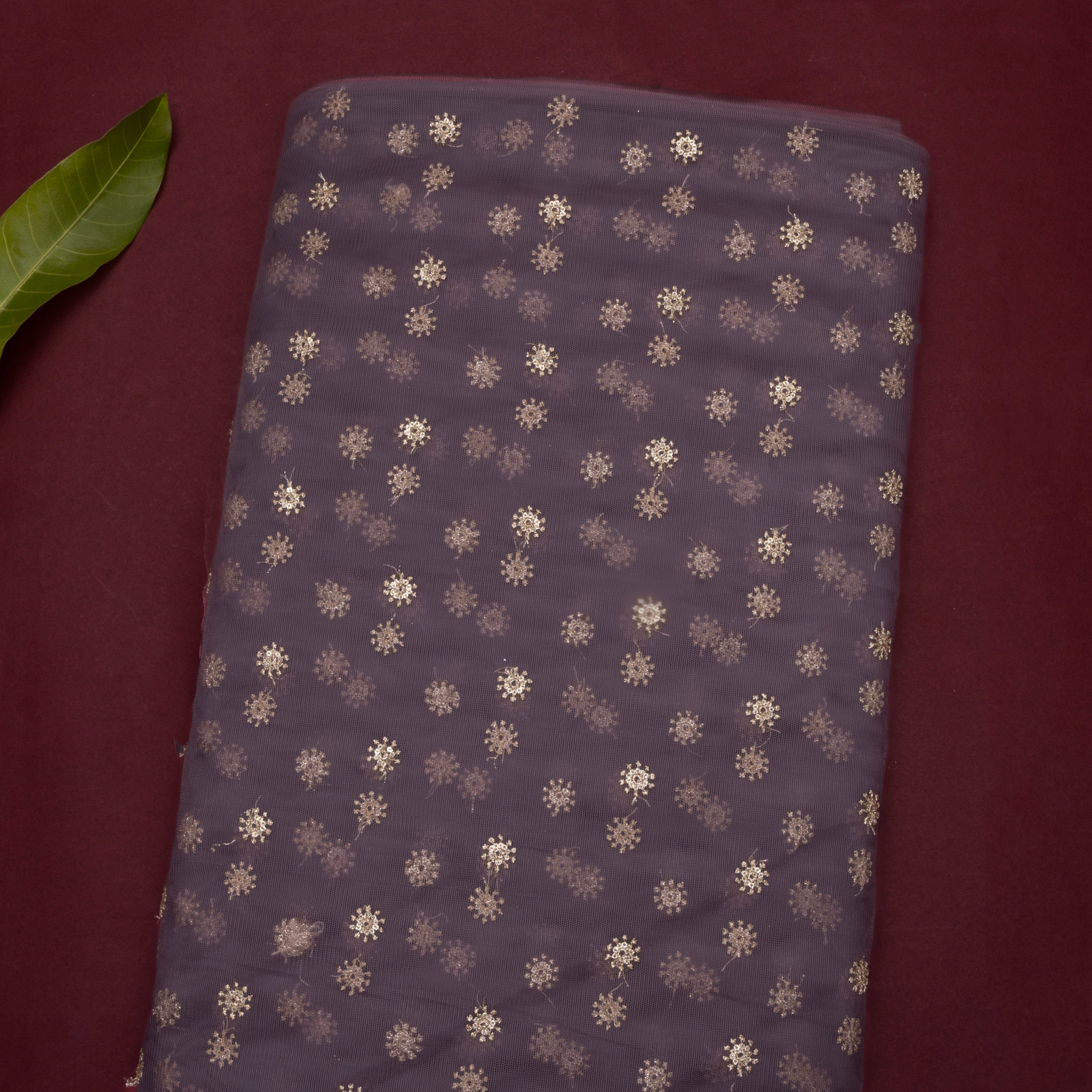 Plum Purple Floral Embroidered Net Fabric