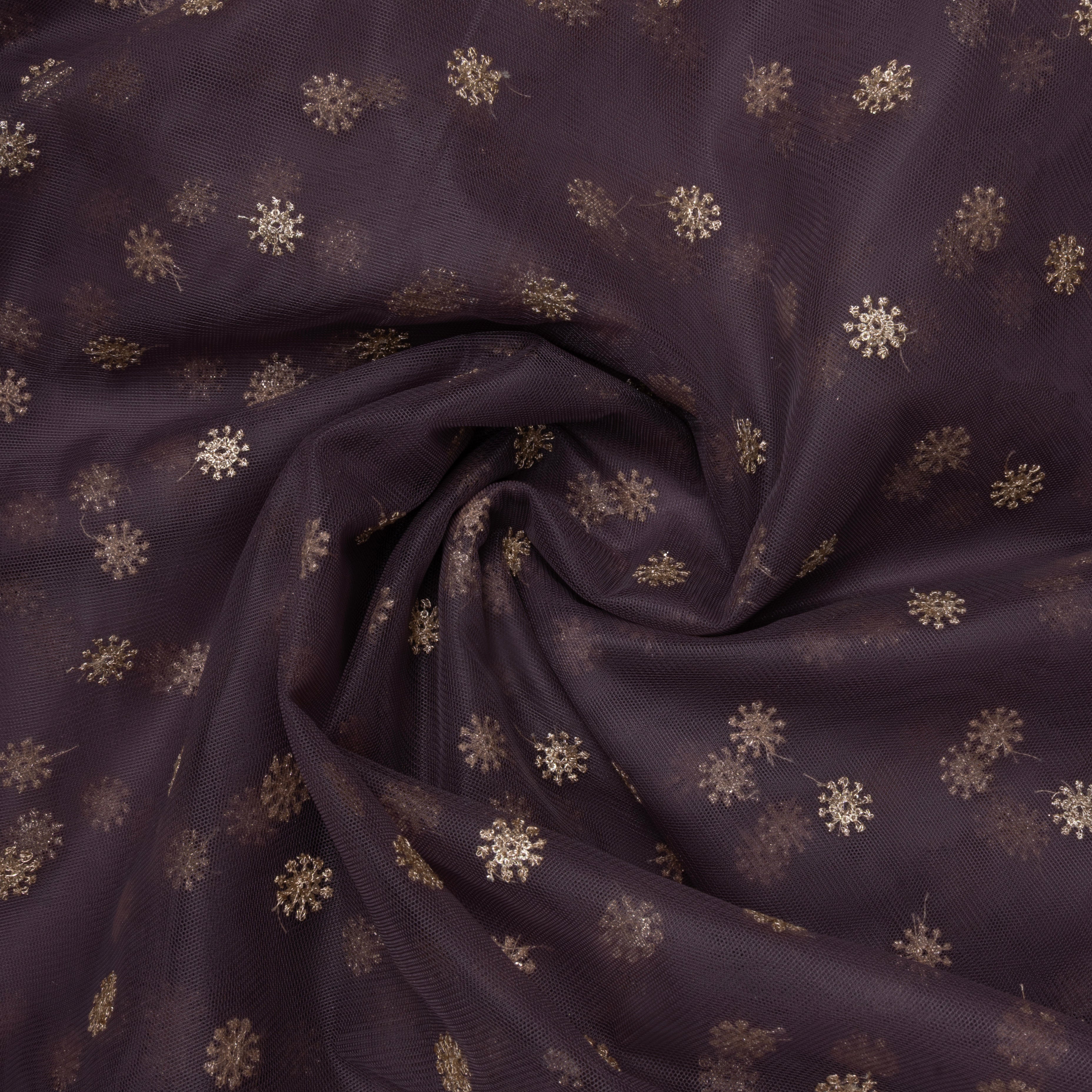 Plum Purple Floral Embroidered Net Fabric