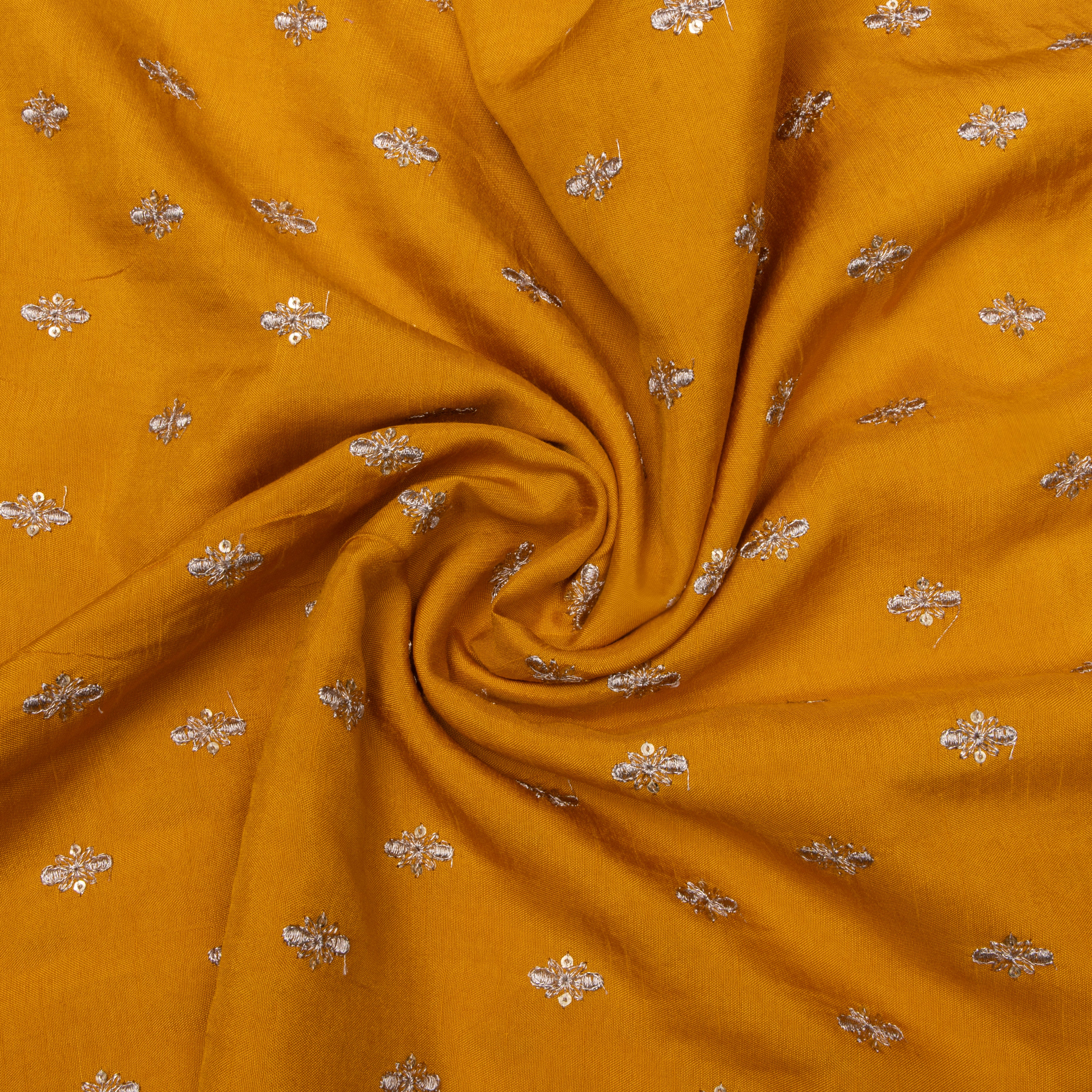 Mustard Yellow Embroidered Silk Fabric