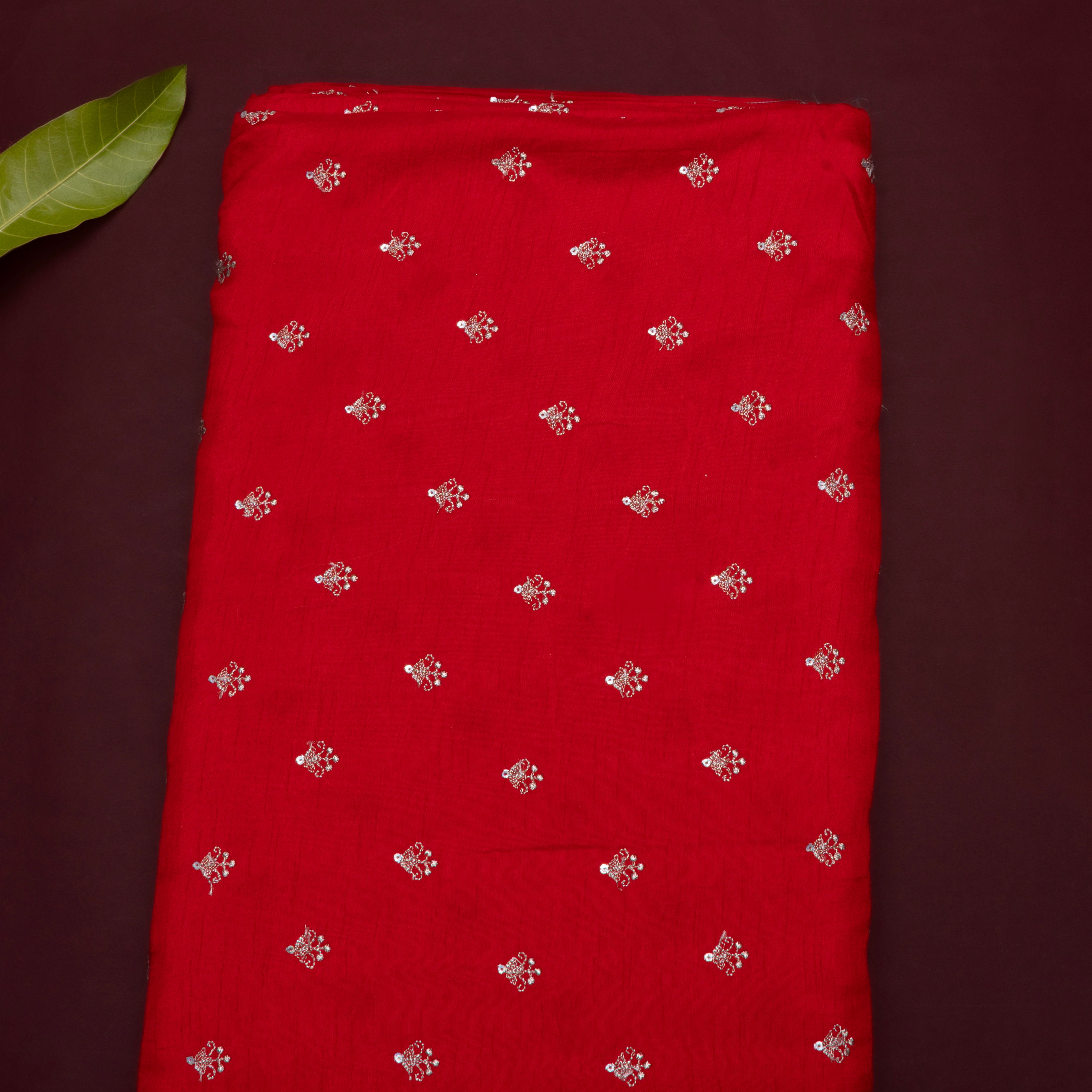 Crimson Red Embroidered Silk Fabric