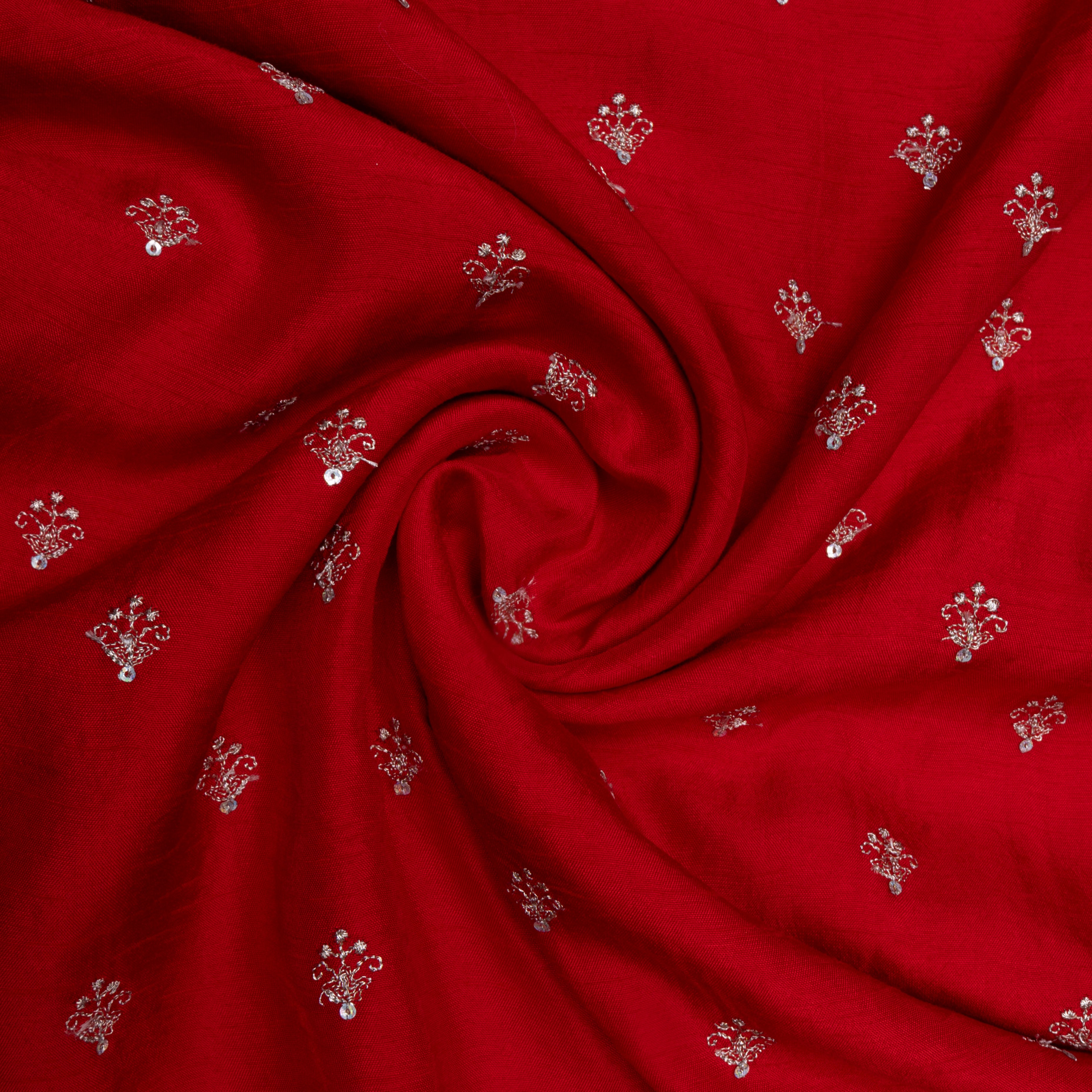 Crimson Red Embroidered Silk Fabric
