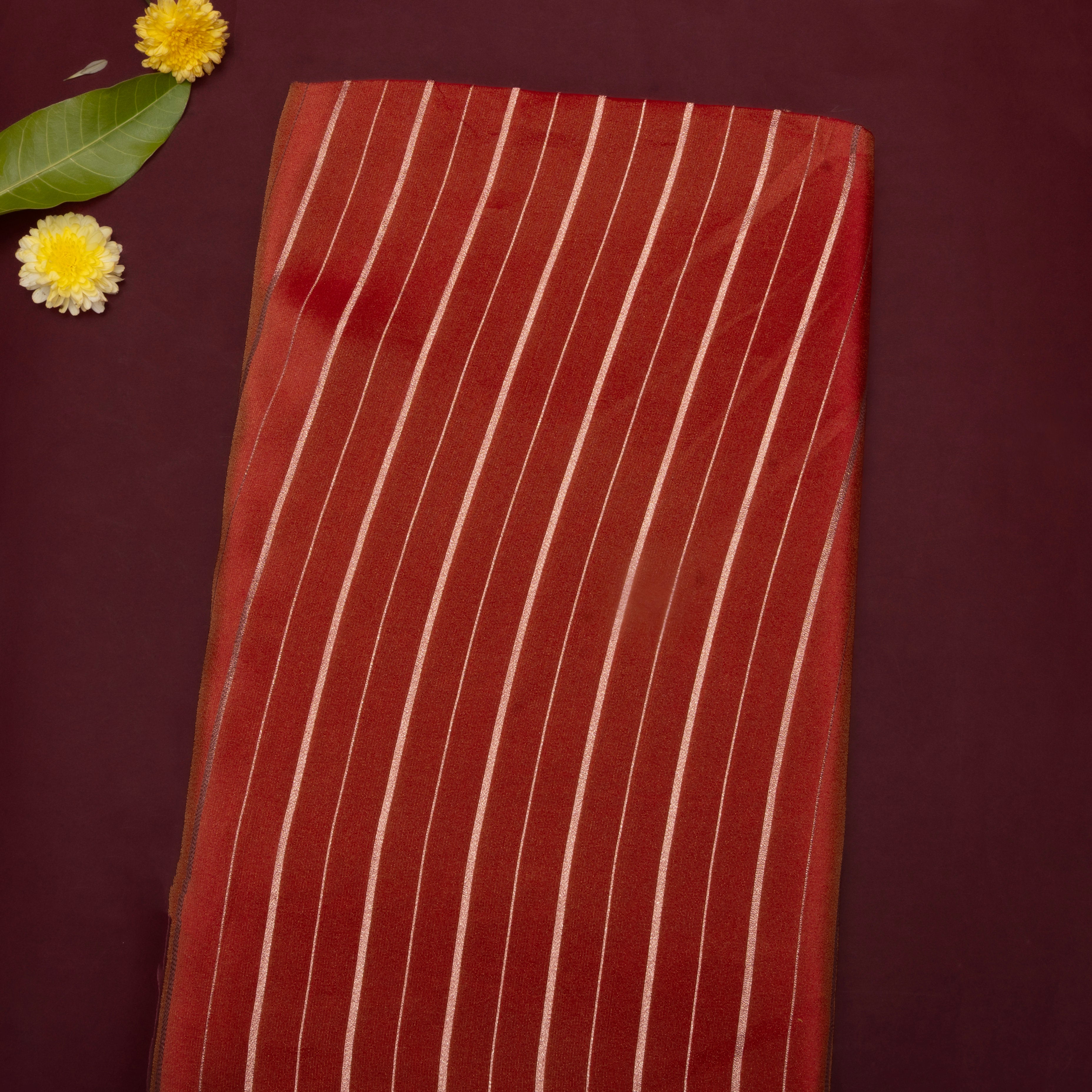 Soft Red Woven Zari Stripes Jamawar Tissue Fabric