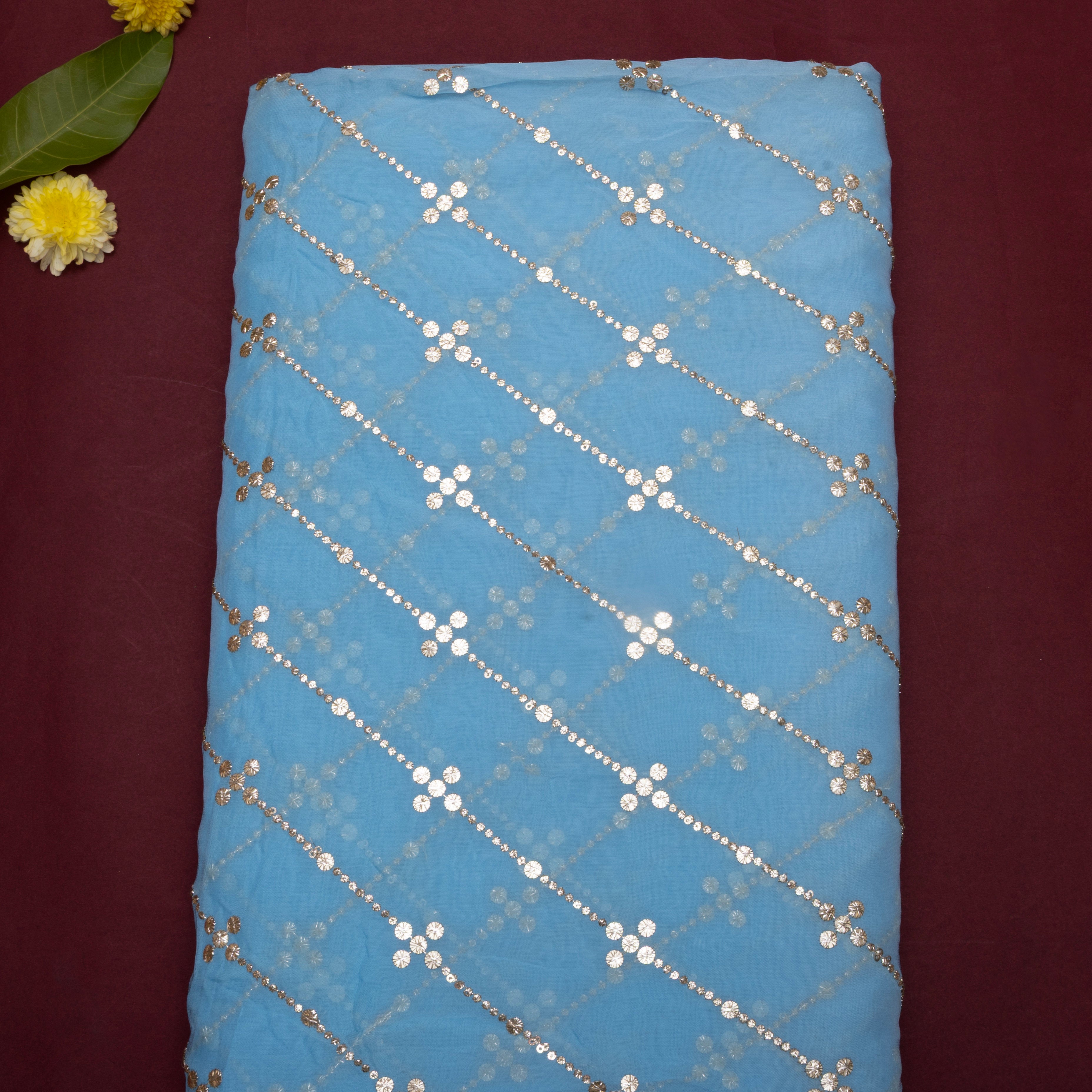 Sky Blue Foil Embroidered Organza Fabric