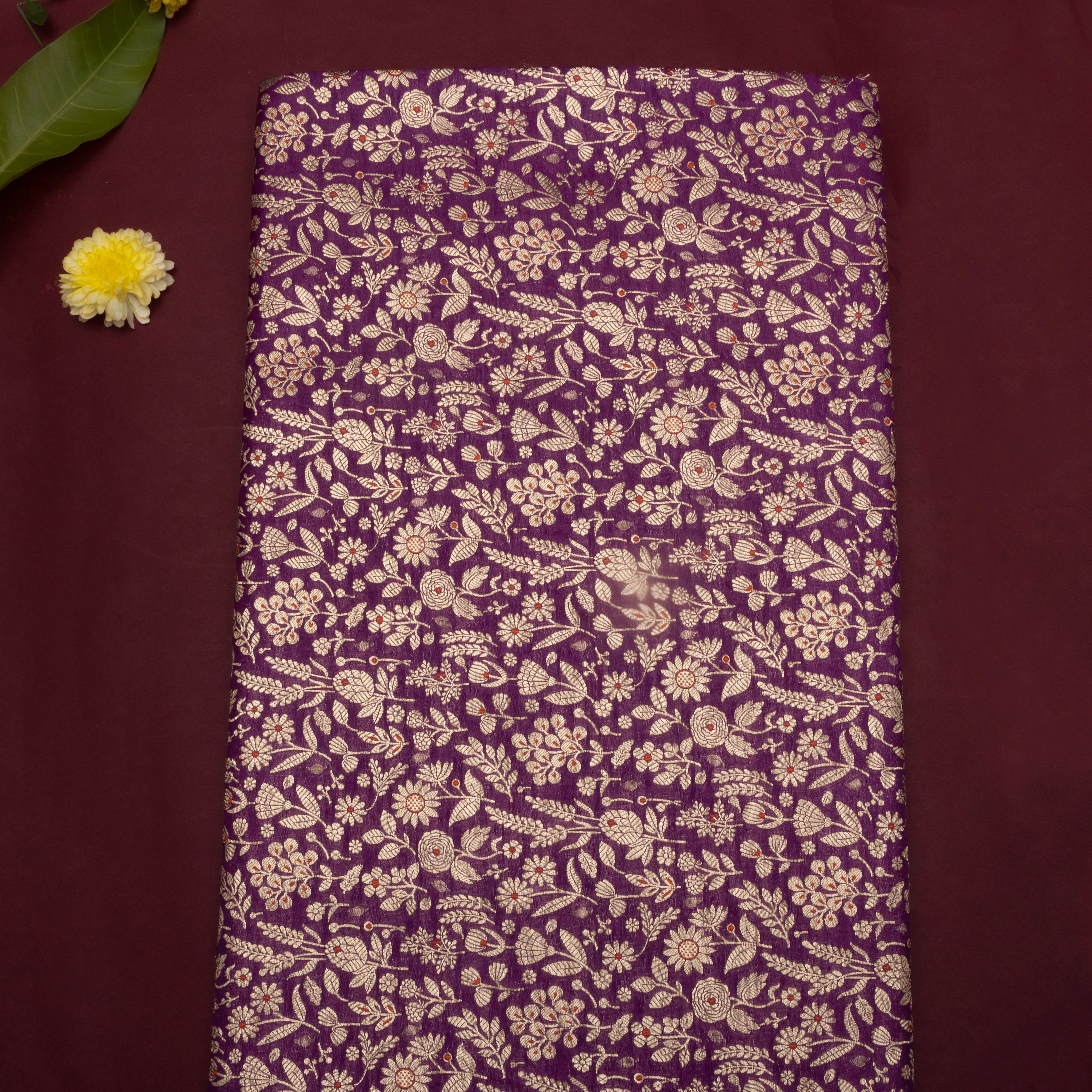Purple Zari Woven Floral Jamawar Silk Fabric