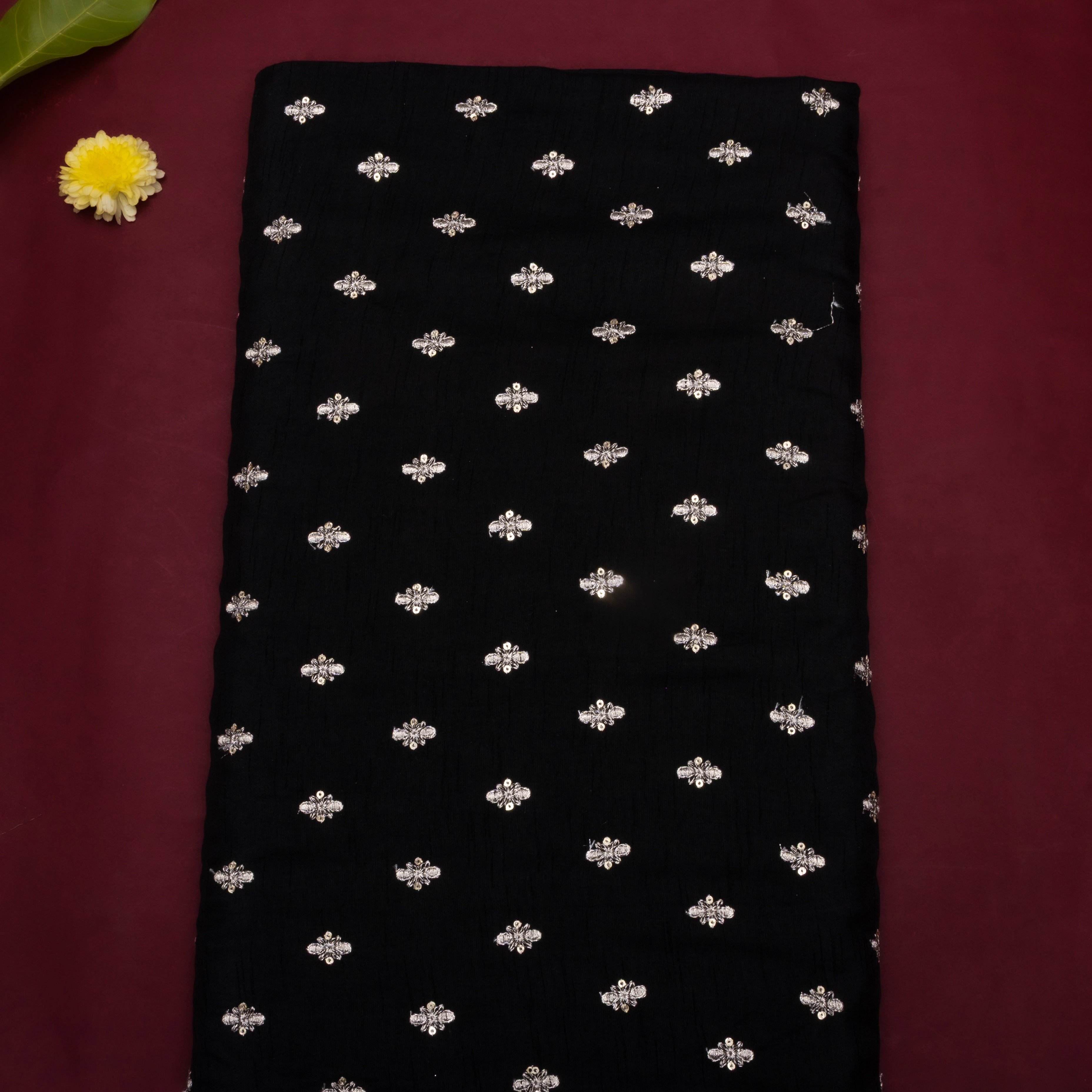 Black Floral Embroidered Silk Fabric