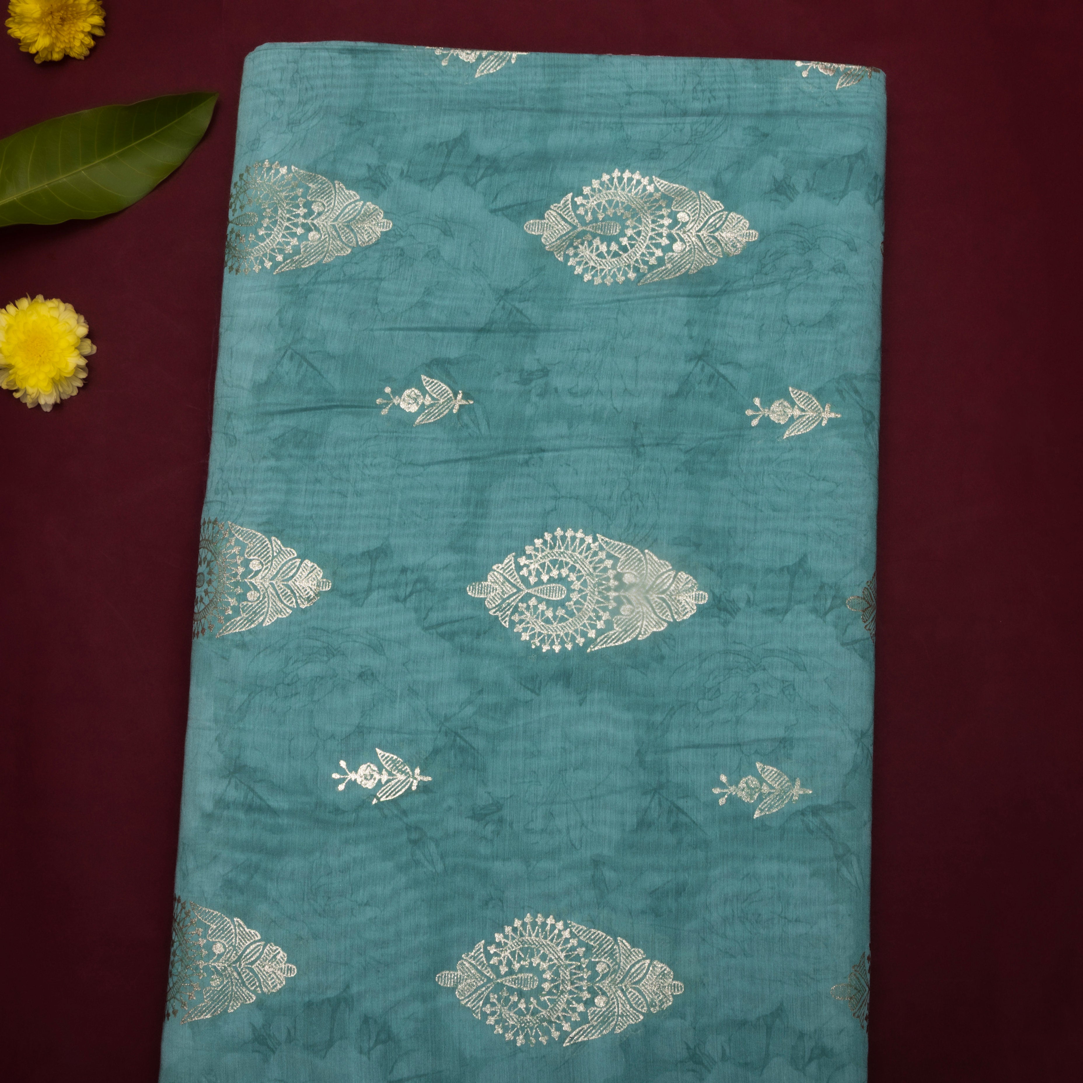 Teal Blue Floral Printed Chanderi Fabric