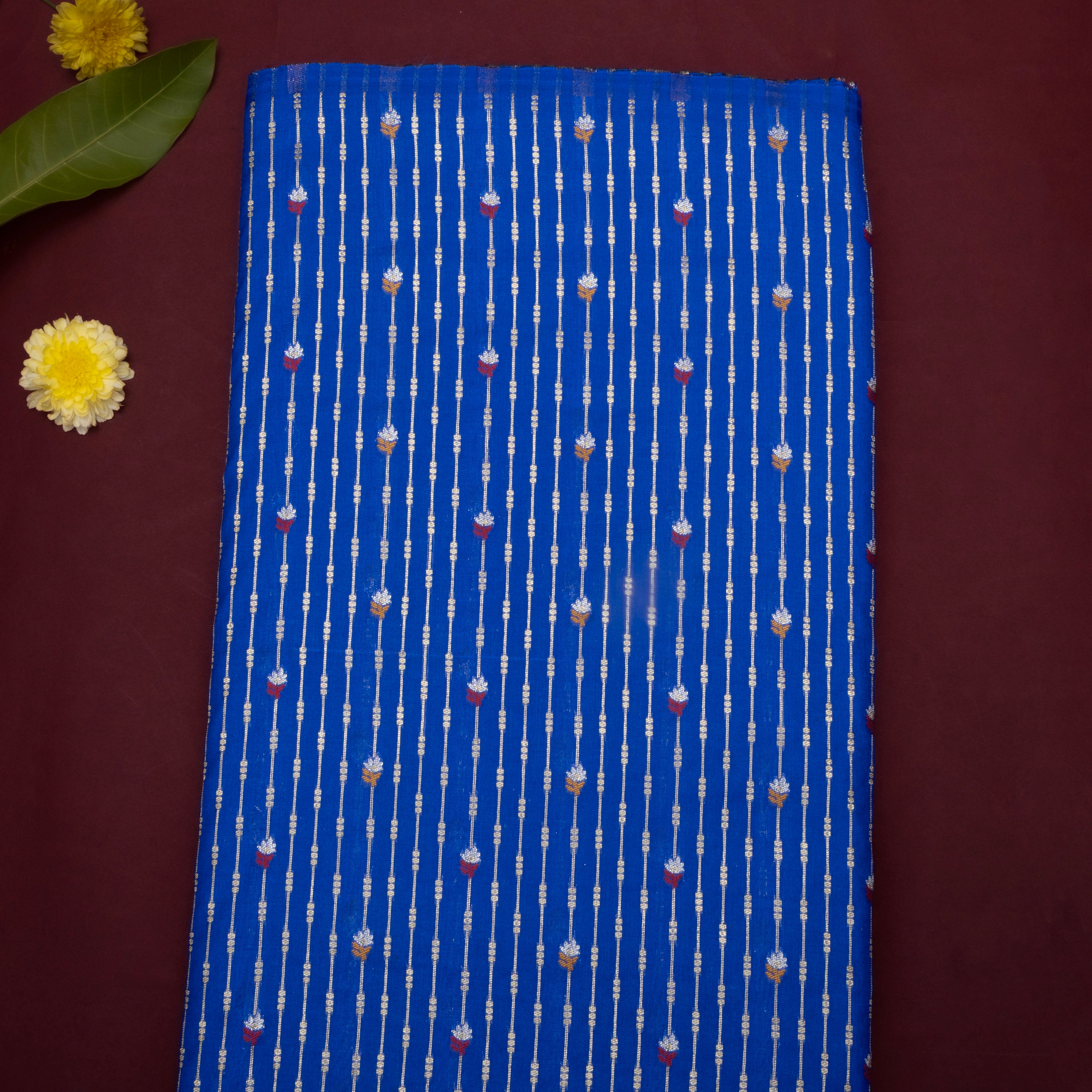 Cobalt Blue Jamawar Floral Butti Silk Fabric