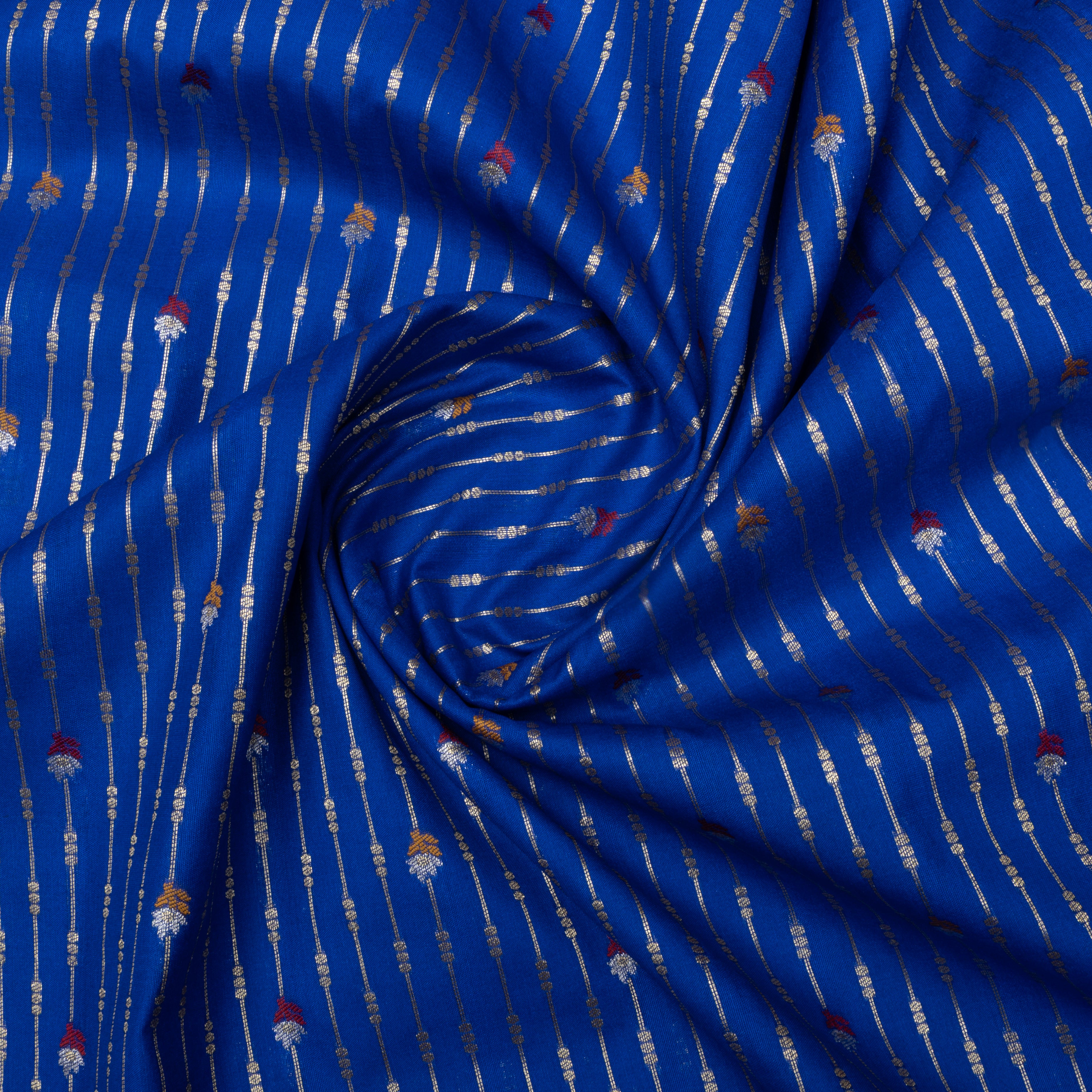 Cobalt Blue Jamawar Floral Butti Silk Fabric