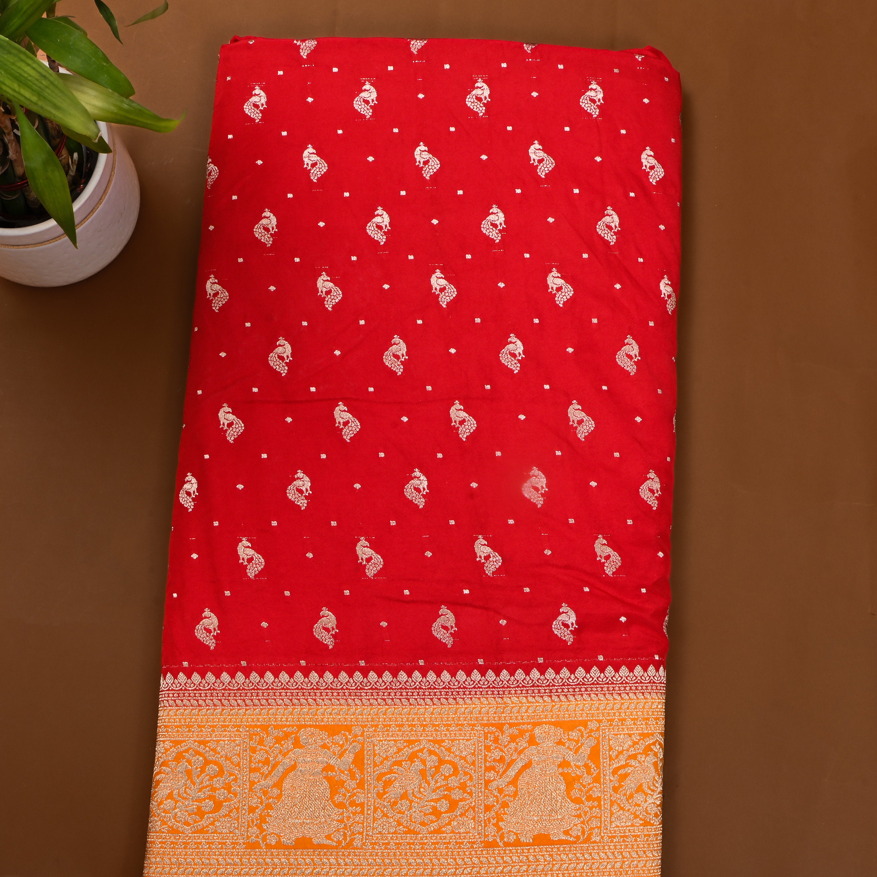 Red Peacock Butti Jamawar Silk Fabric