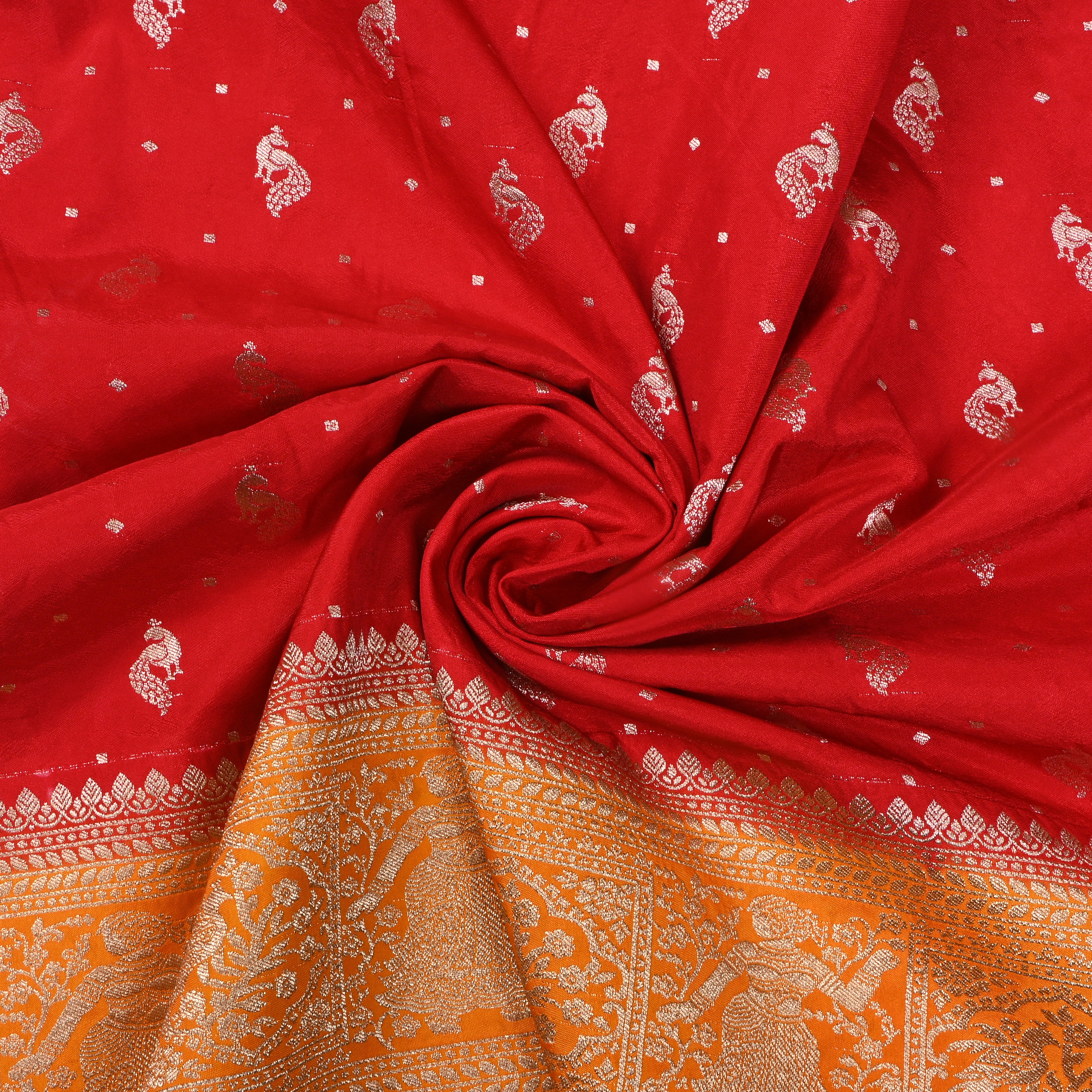 Red Peacock Butti Jamawar Silk Fabric