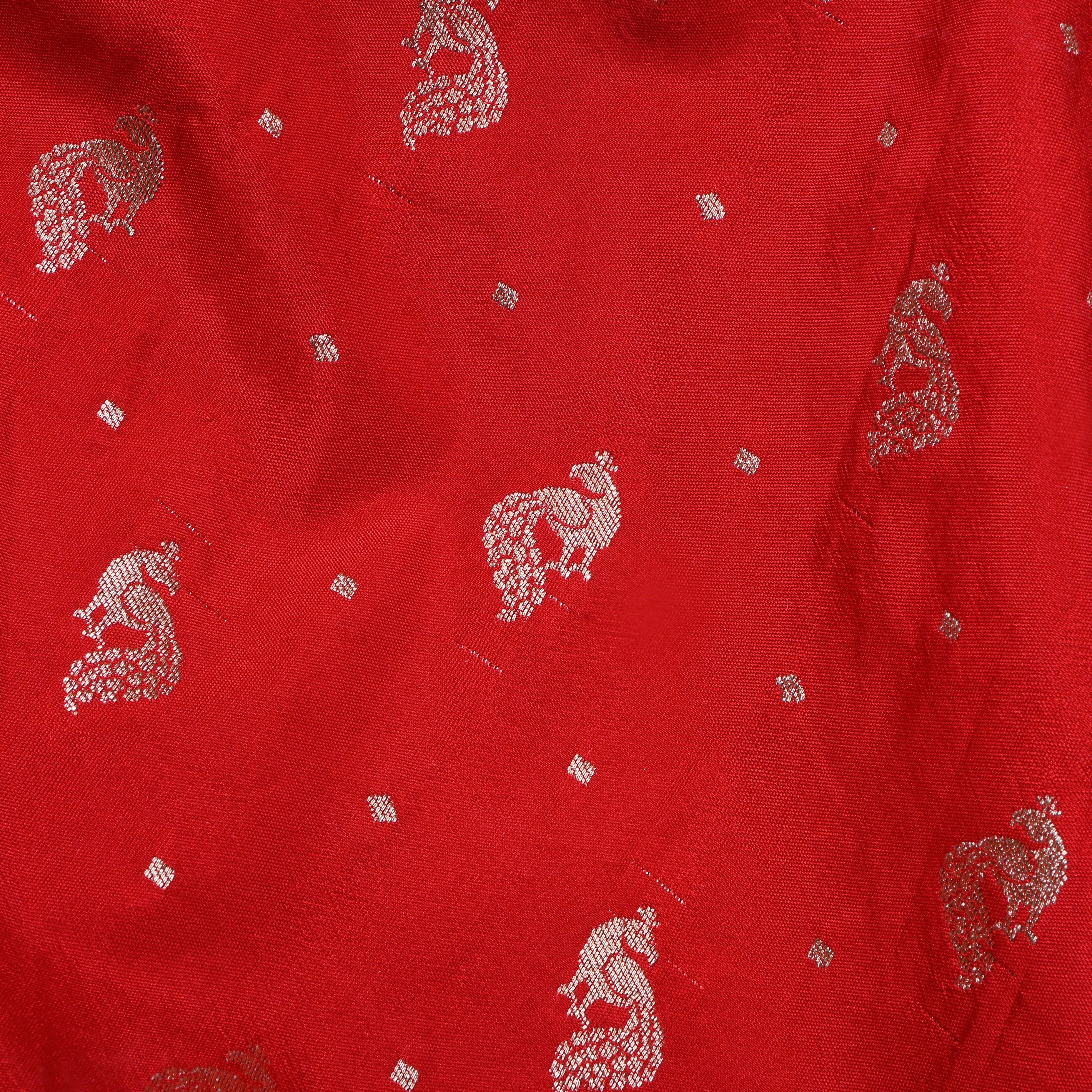 Red Peacock Butti Jamawar Silk Fabric