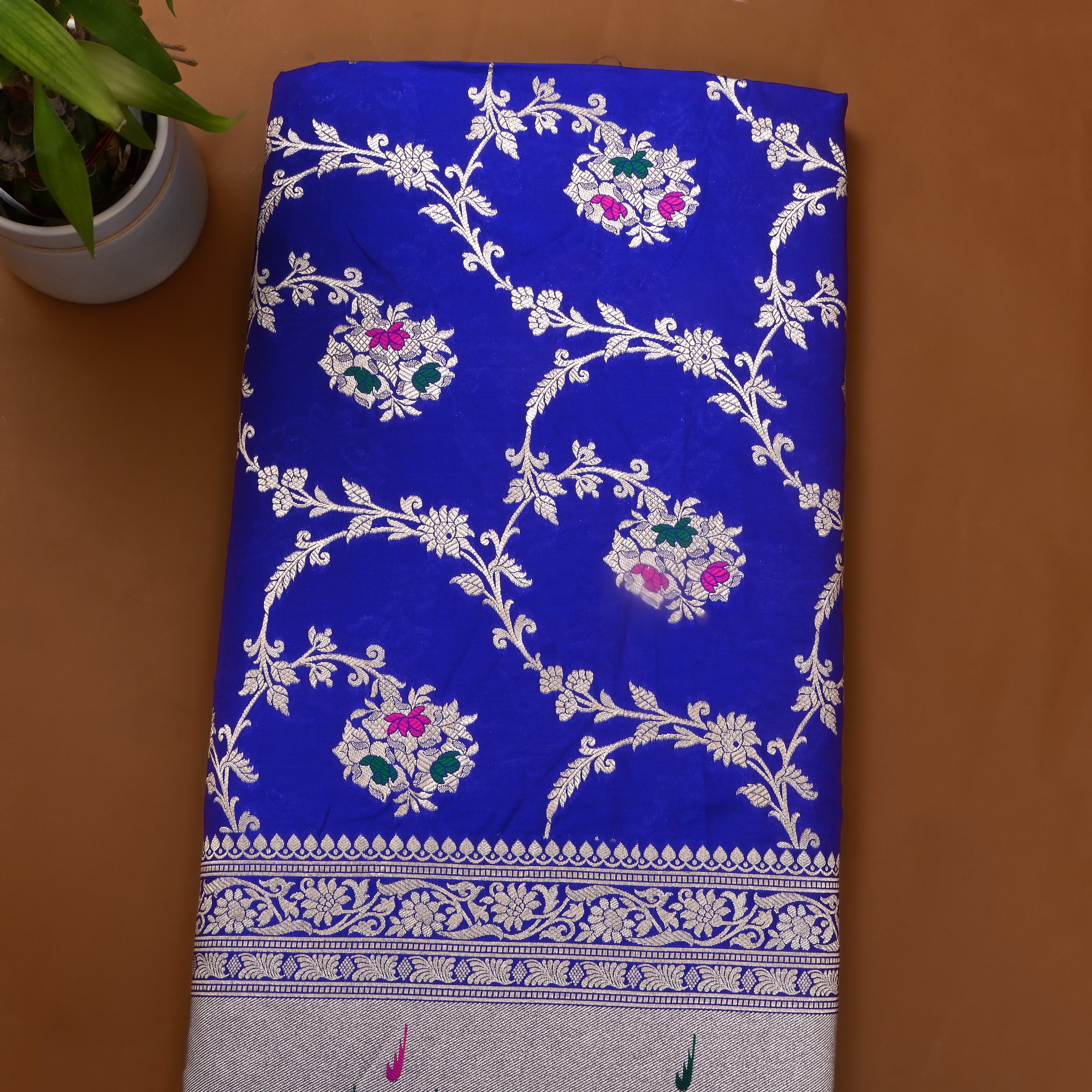 Cobalt Blue Jamawar Silk Fabric