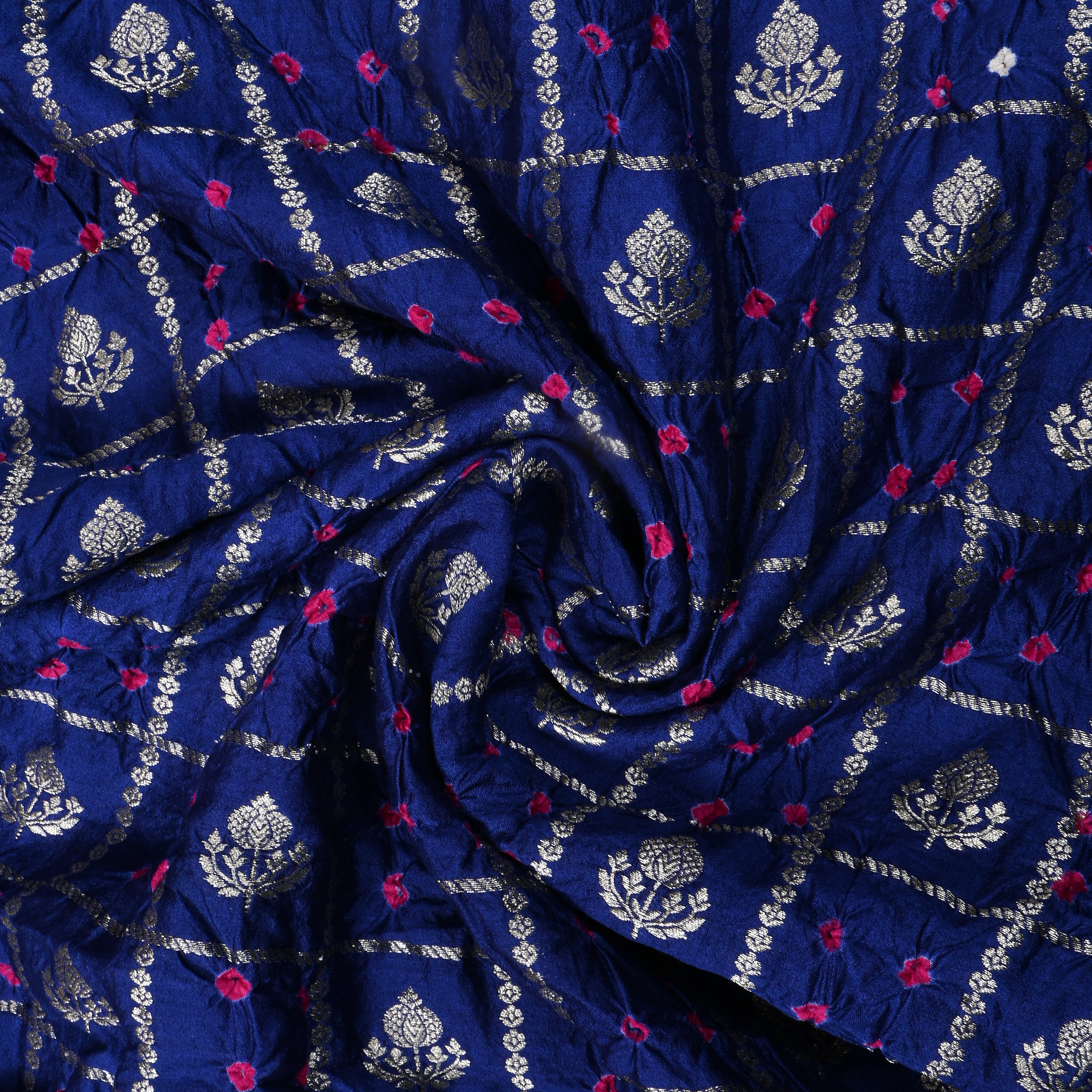 Navy Blue Zari Woven Silk Bandhani Fabric