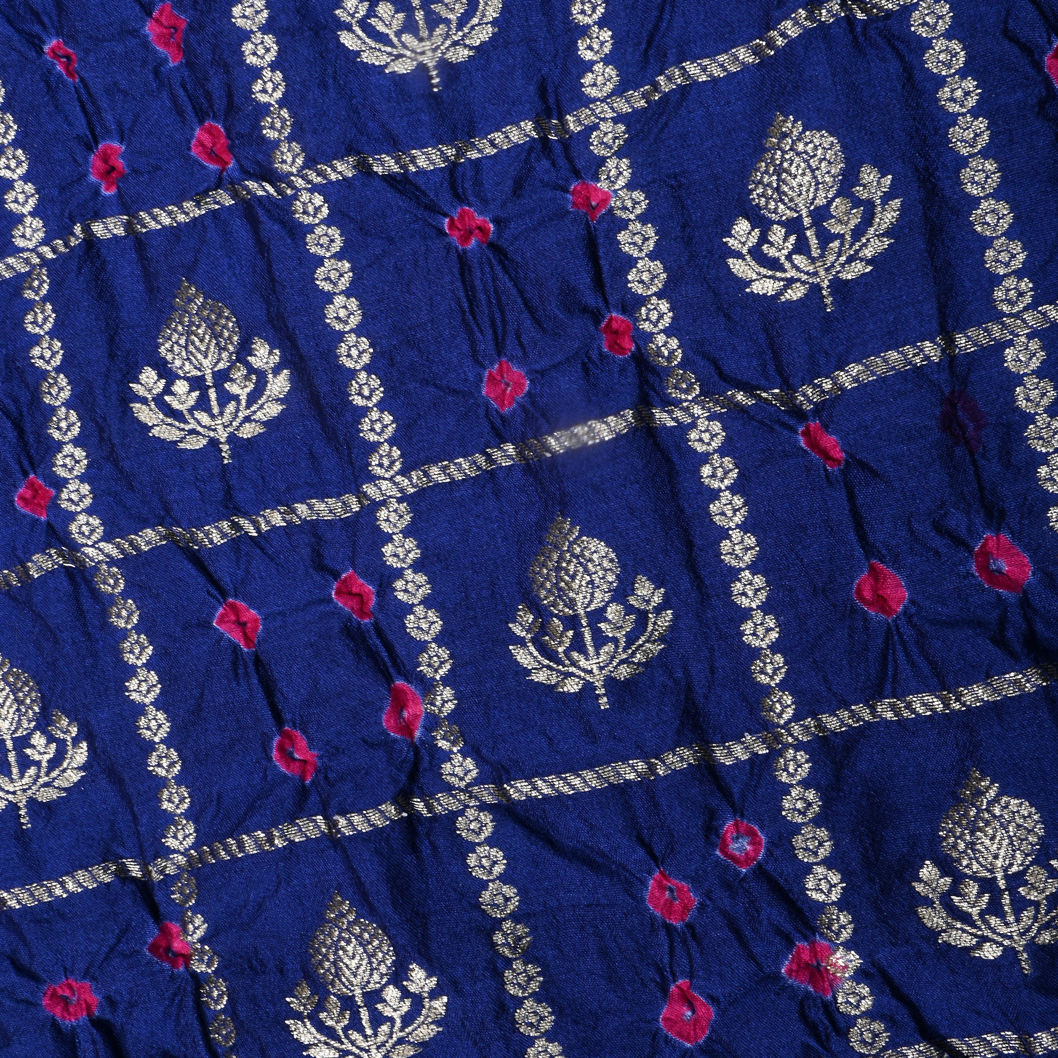 Navy Blue Zari Woven Silk Bandhani Fabric