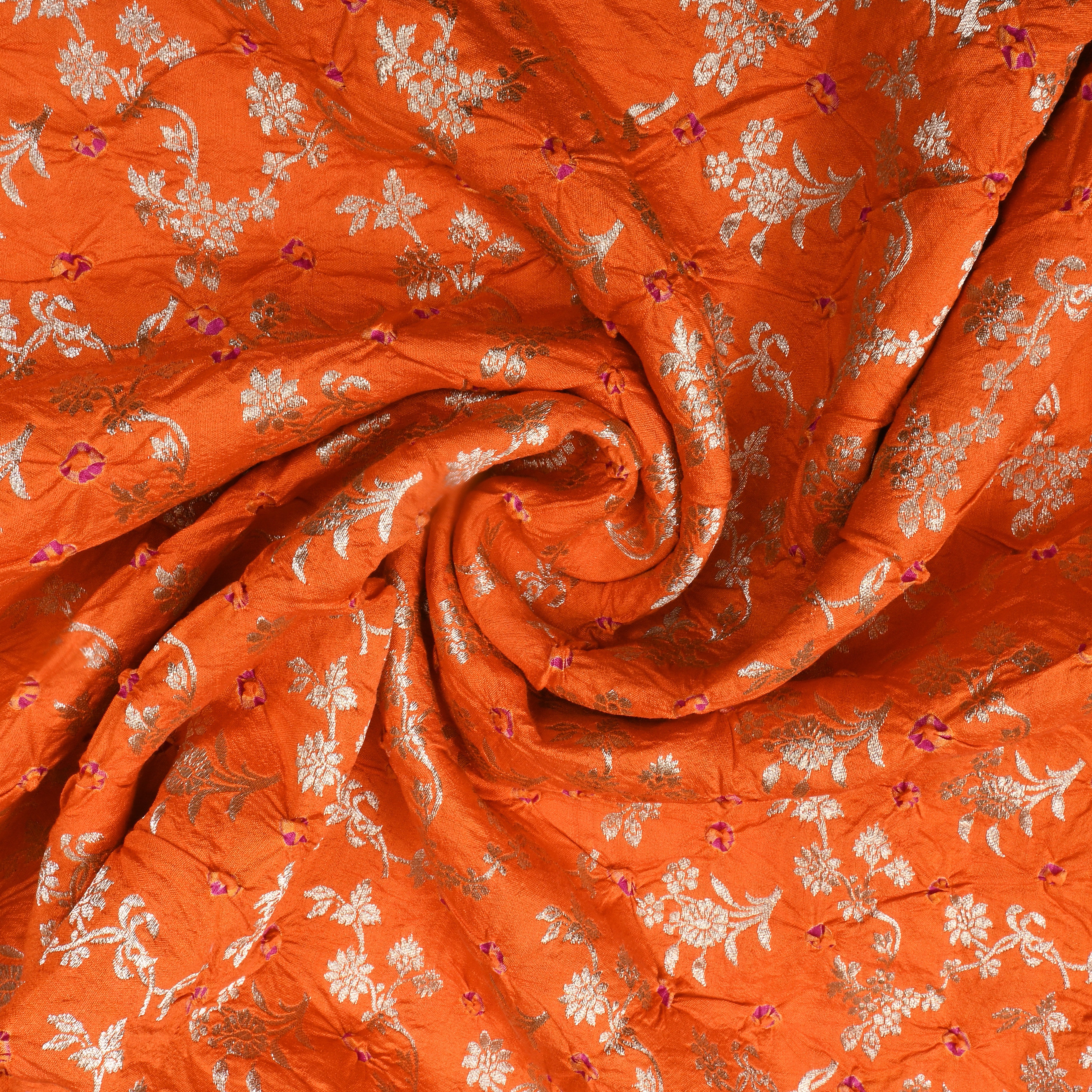 Bright Orange Zari Woven Silk Bandhani Fabric