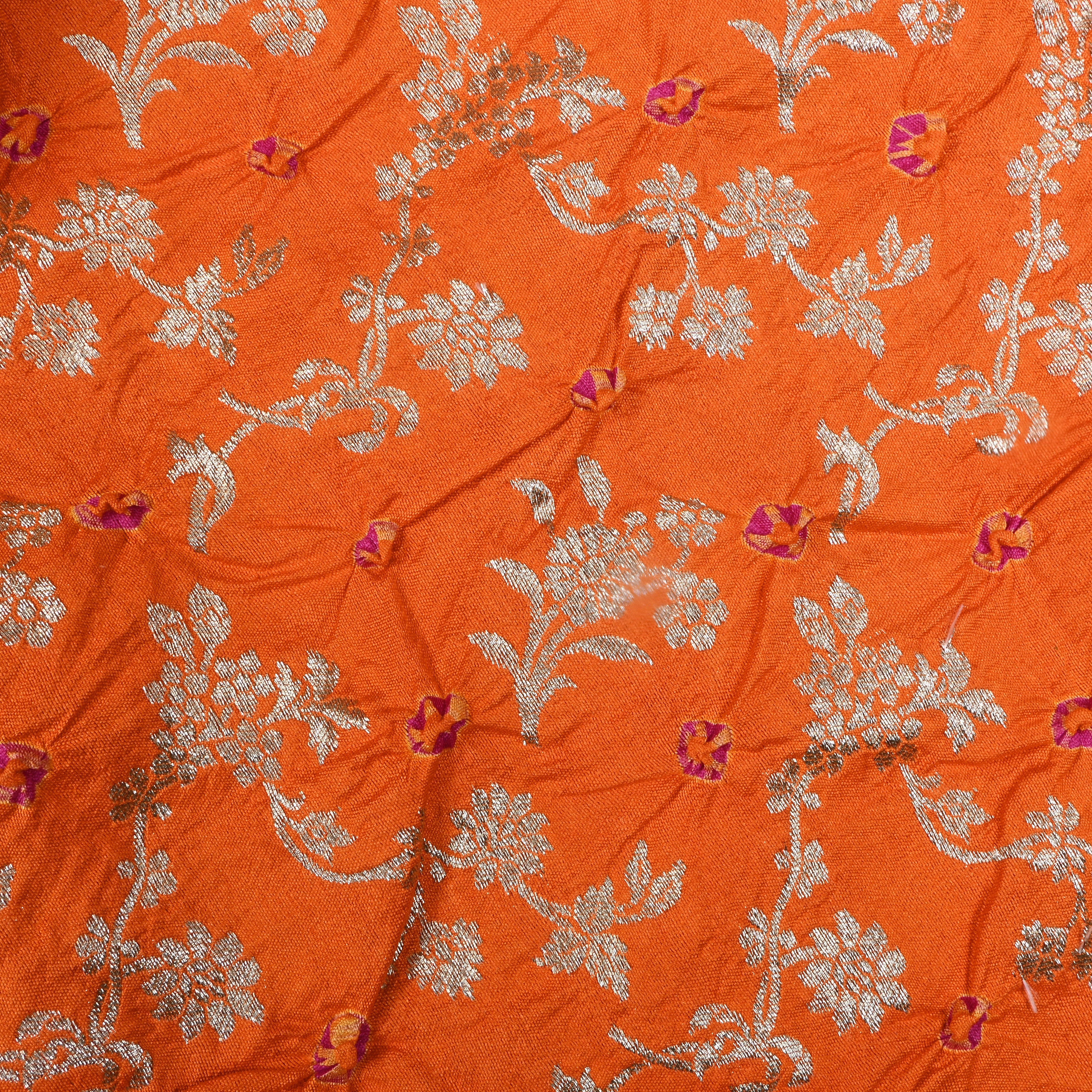 Bright Orange Zari Woven Silk Bandhani Fabric