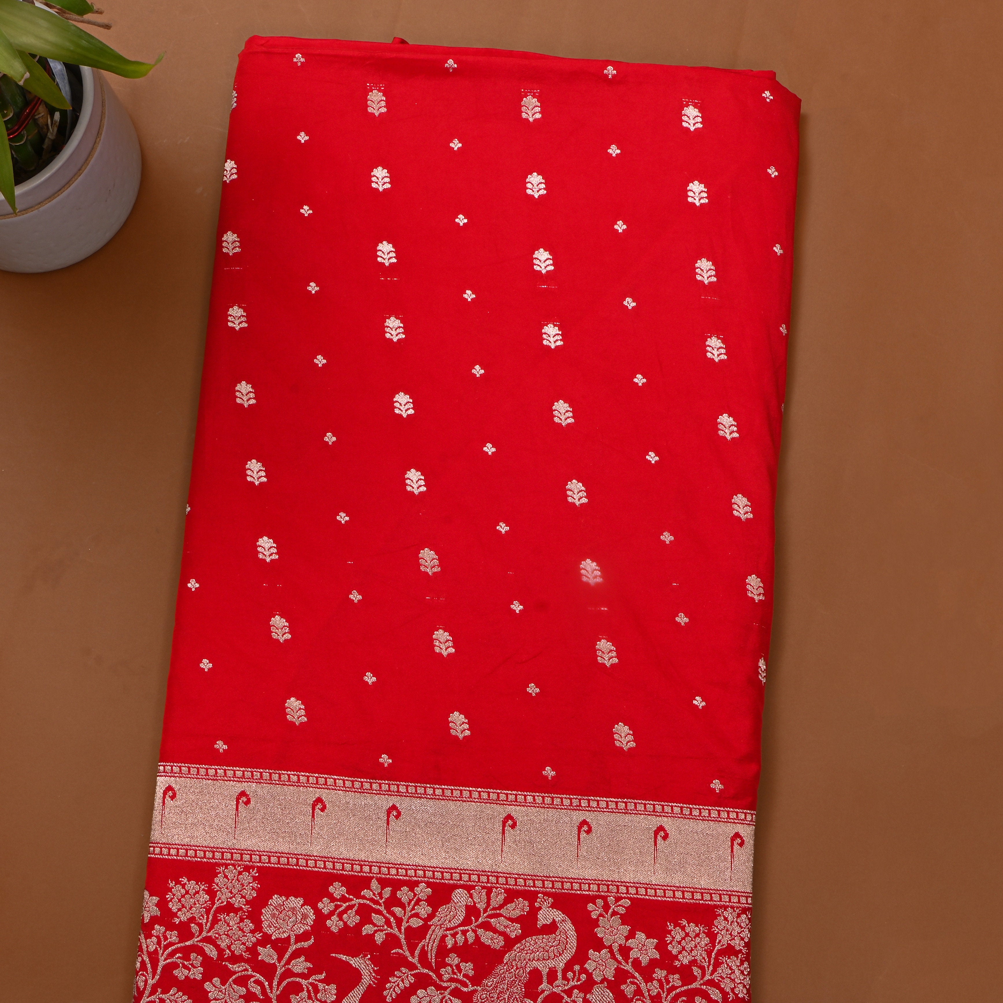 Red Floral Butti Jamawar Silk Fabric