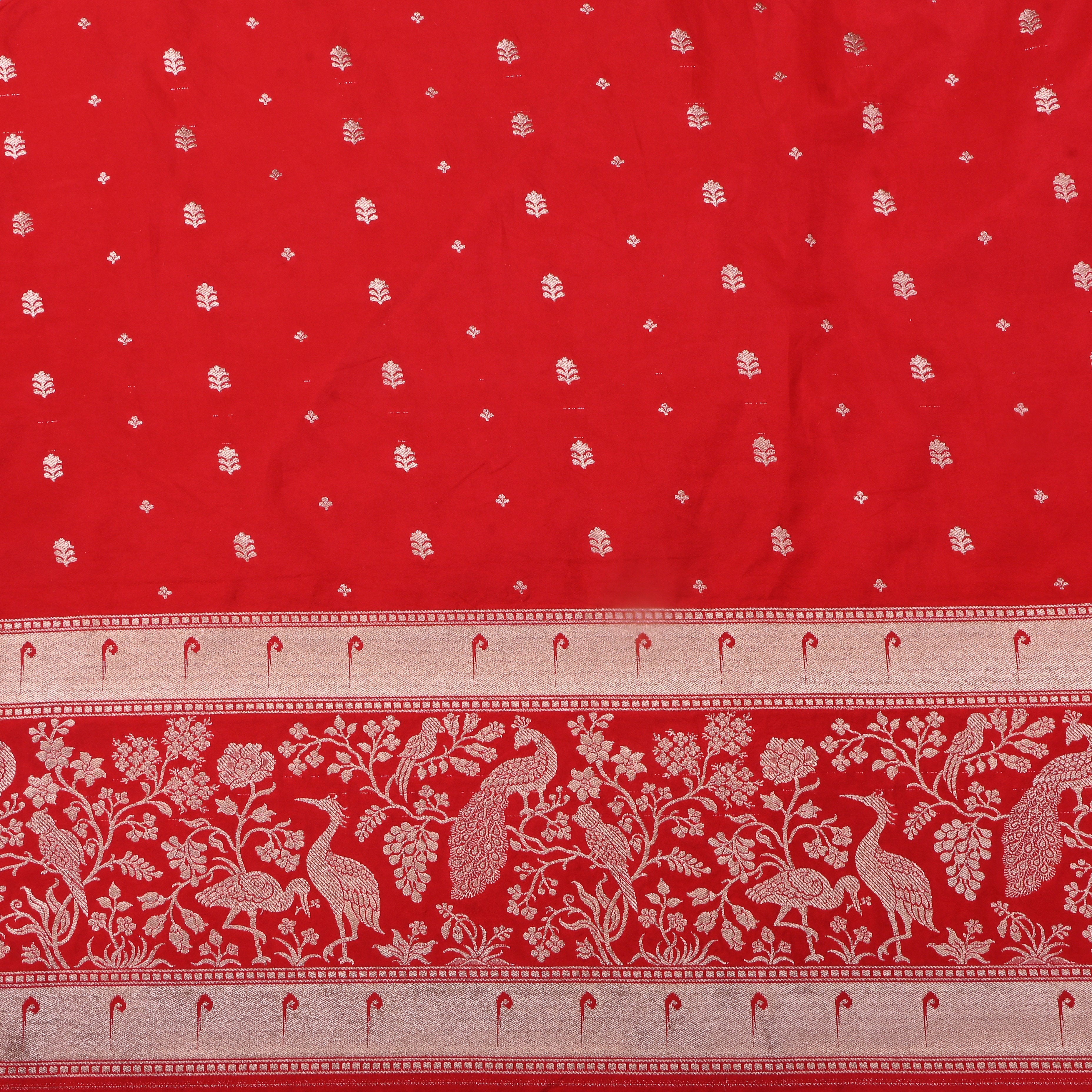 Red Floral Butti Jamawar Silk Fabric