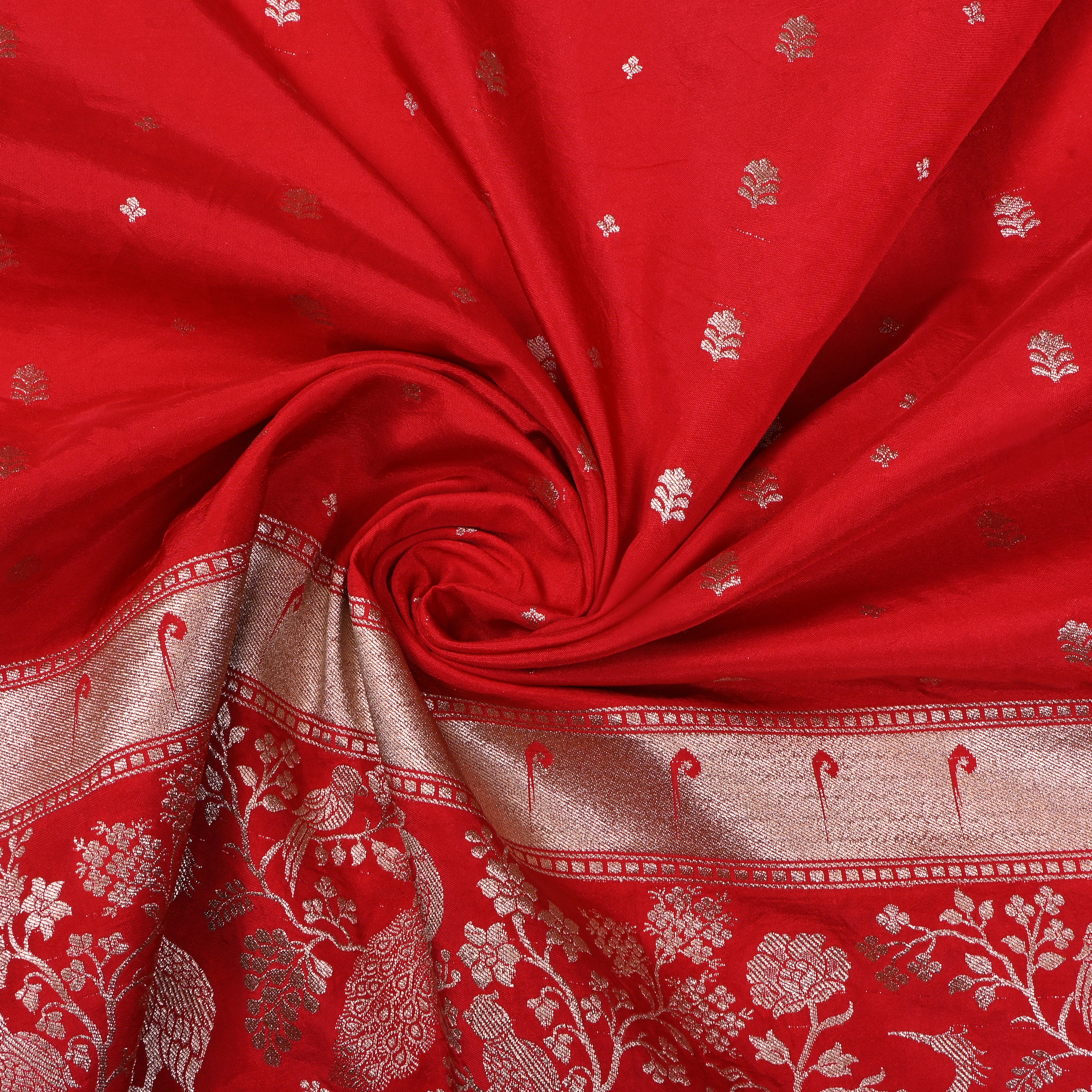 Red Floral Butti Jamawar Silk Fabric